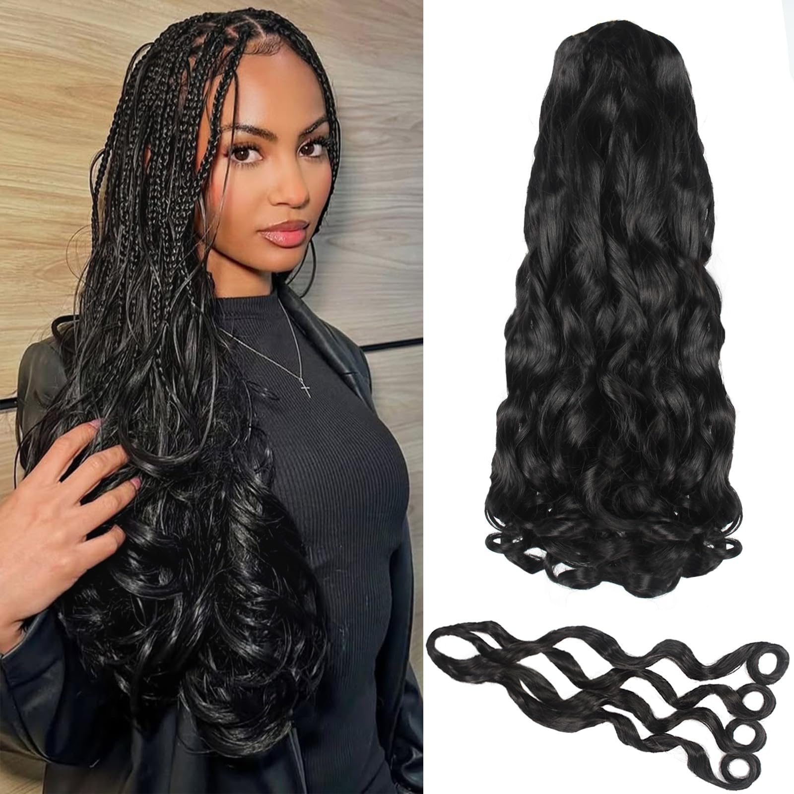 French Curl Braiding Hair 8 Packs 24 Inch Pre Stretched French Curl Braids Loose Wavy Spanish Curly Hair Ends Synthetic Crochet Braids Hair Extensions for Women (8 Packs, 24 Inch, 1B#)