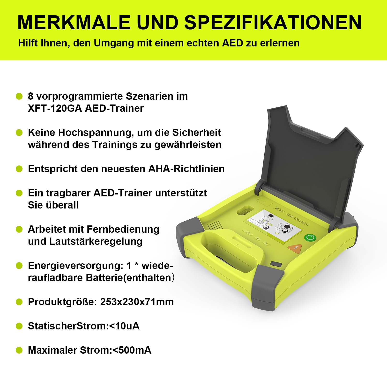 AED-Trainer XFT 120GA, Erste Hilfe Teaching Trainingsgerät, 8 Verschiedene Szenarien, Deutsch, Französisch, Spanisch und Italienisch Sprachansagen mit Fernbedienung