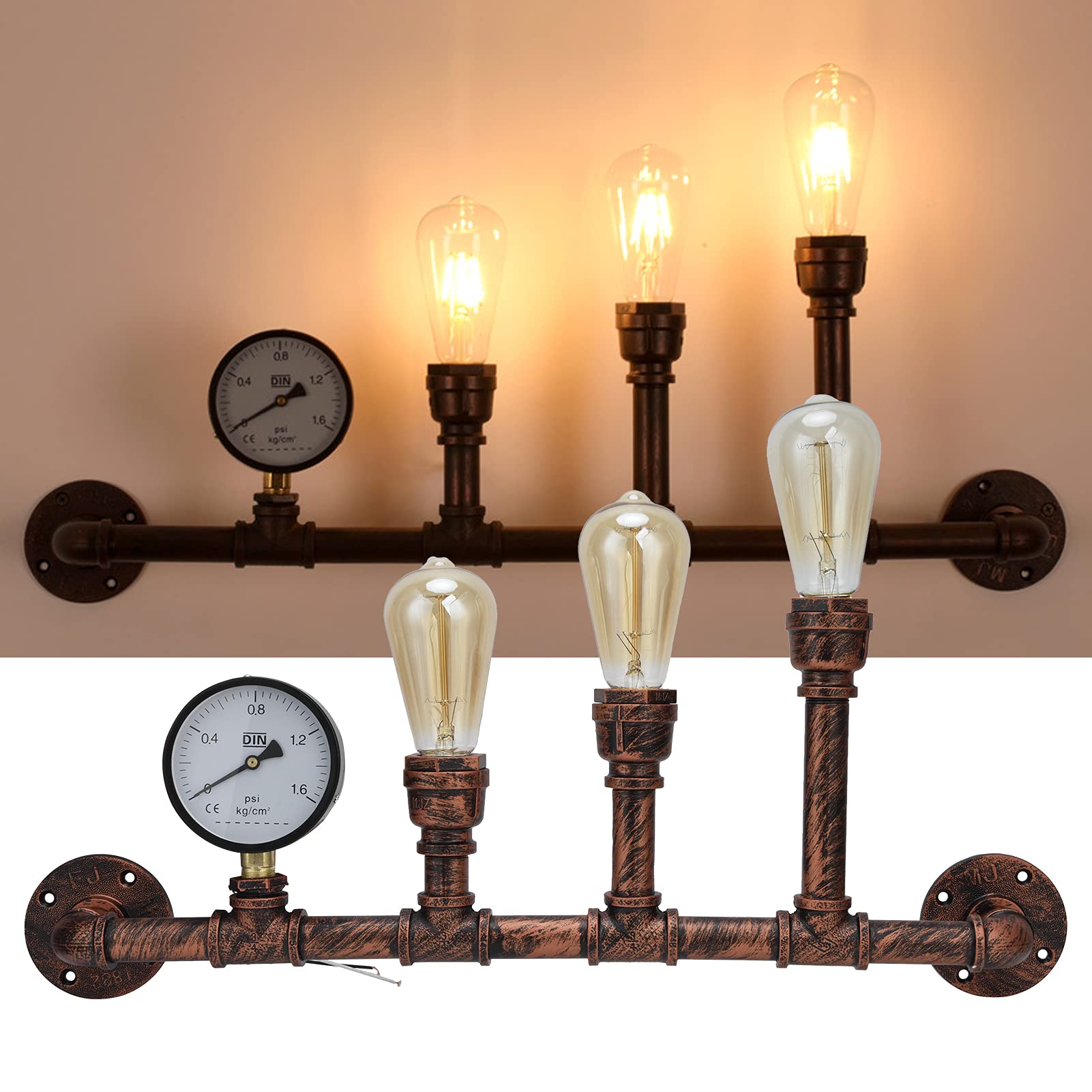 YUYTE Lampada da Parete in Ferro, Tubo a 3 Teste, Design retrò Steampunk con Attacco E27, Ideale per l'illuminazione di Casa, Bar e Ristoranti, 220 V