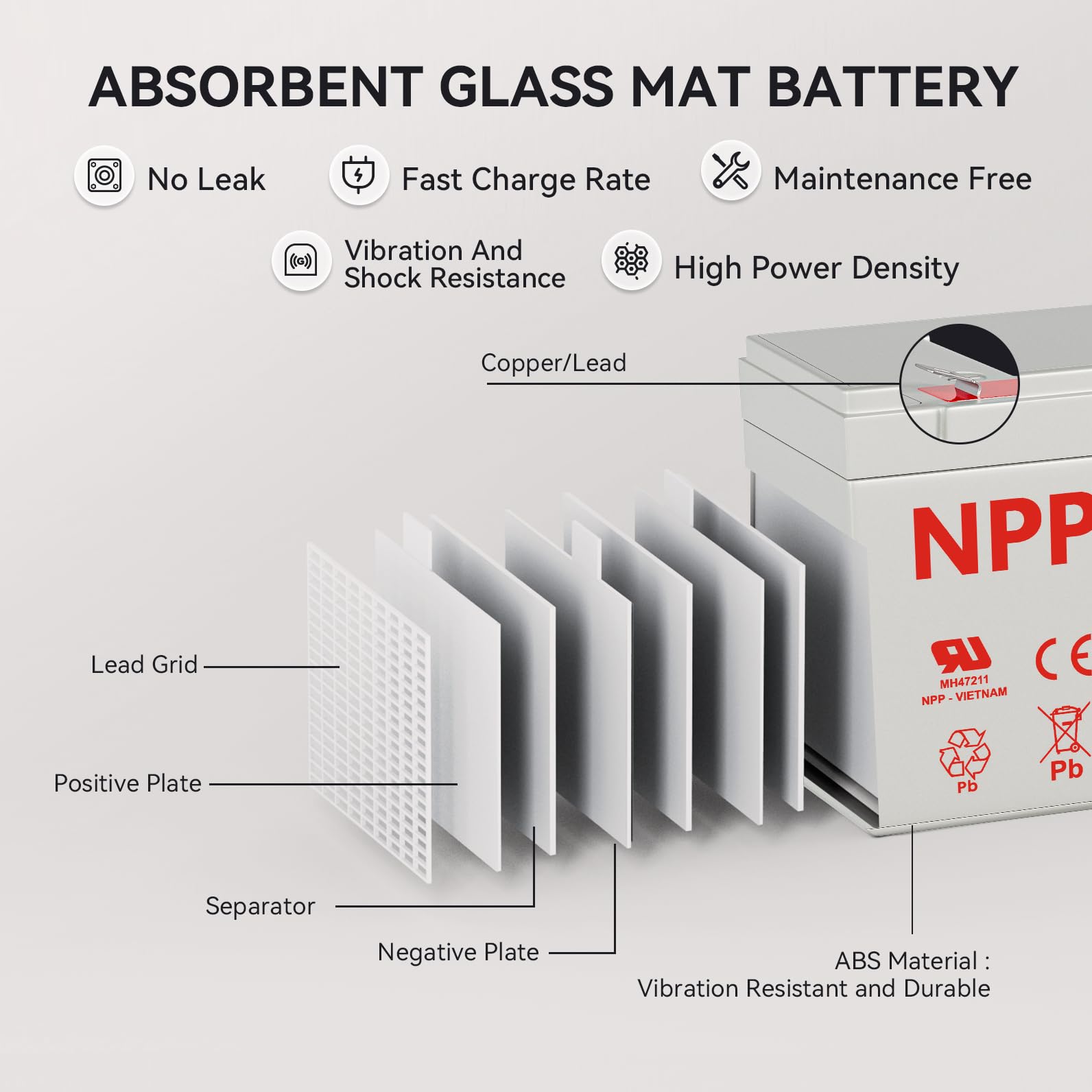 NP12-7Ah AGM Rechargeable Maintenance Valve Regulated Sealed Lead Acid Battery with F2 Terminal Compatible with UPS — view 3