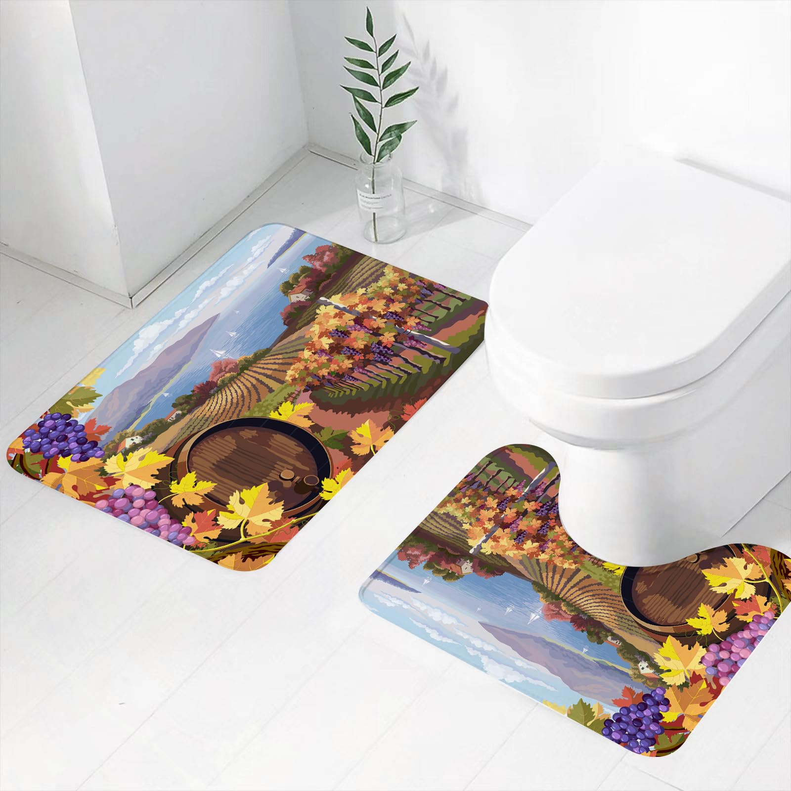Set di 2 tappetini da Bagno, Lavabili in Lavatrice e Antiscivolo, in Morbida Fibra Superfine, con Tema vigneto, Paesaggio Rurale e Agricoltura stagionale.
