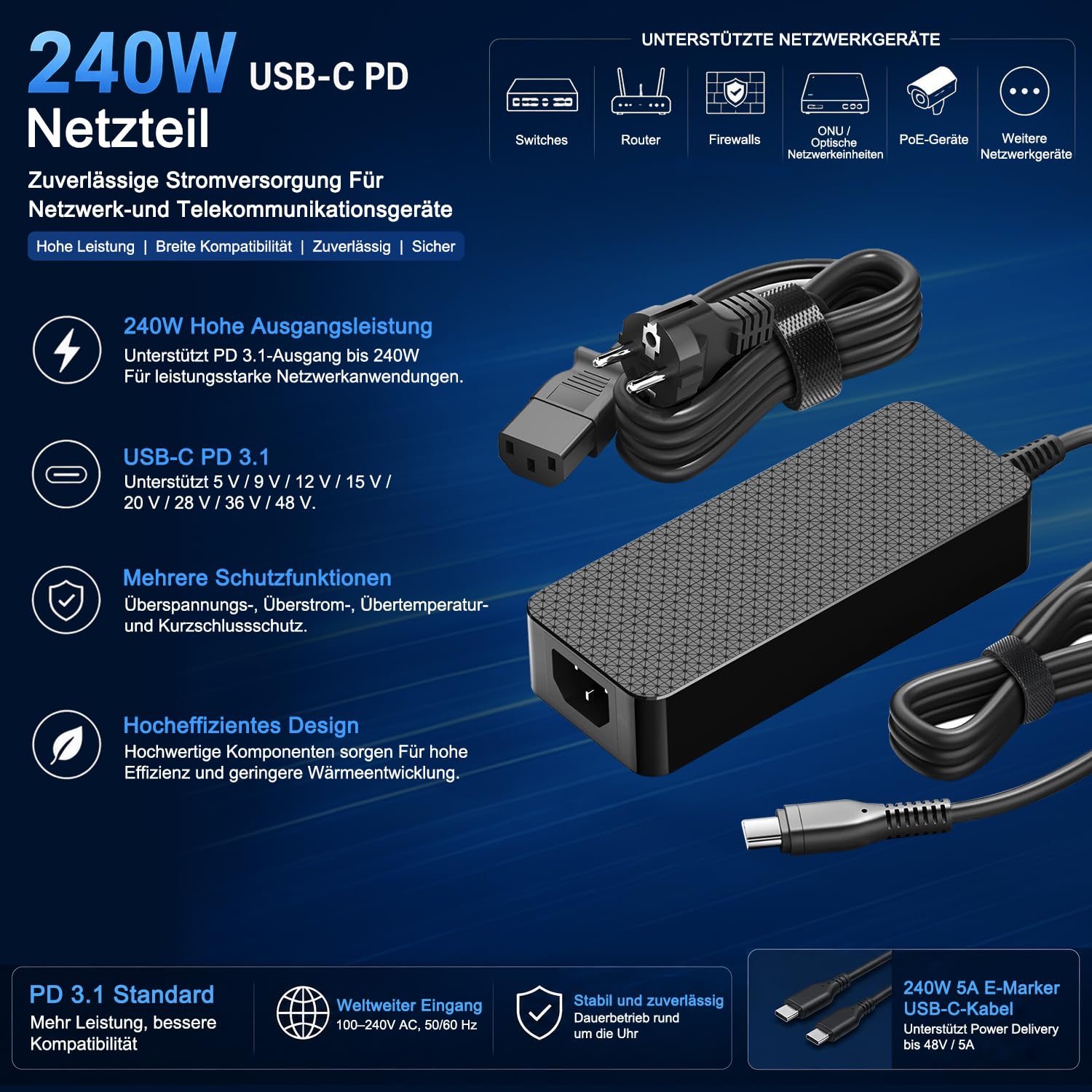 HKY Super Schnellladegerät 240W GaN USB-C Netzteil PD 3.1 EPR (bis 48V/5A), Hochleistungs-Ladegerät für KI Mini-PC, Mini Rechenstation, Gaming Laptop, Starlink Mini, Universal Schnellladeadapter