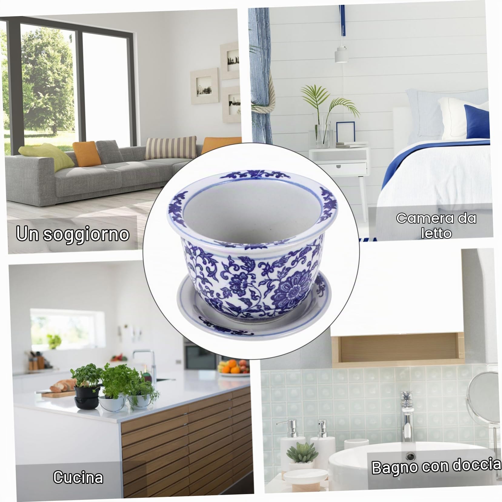 Vaso per Piante in Ceramica con Piattino, Vaso Decorativo Stile Cinese Blu e Bianco, per Balcone e Camera da Letto, Set per Fiori ed Erbe