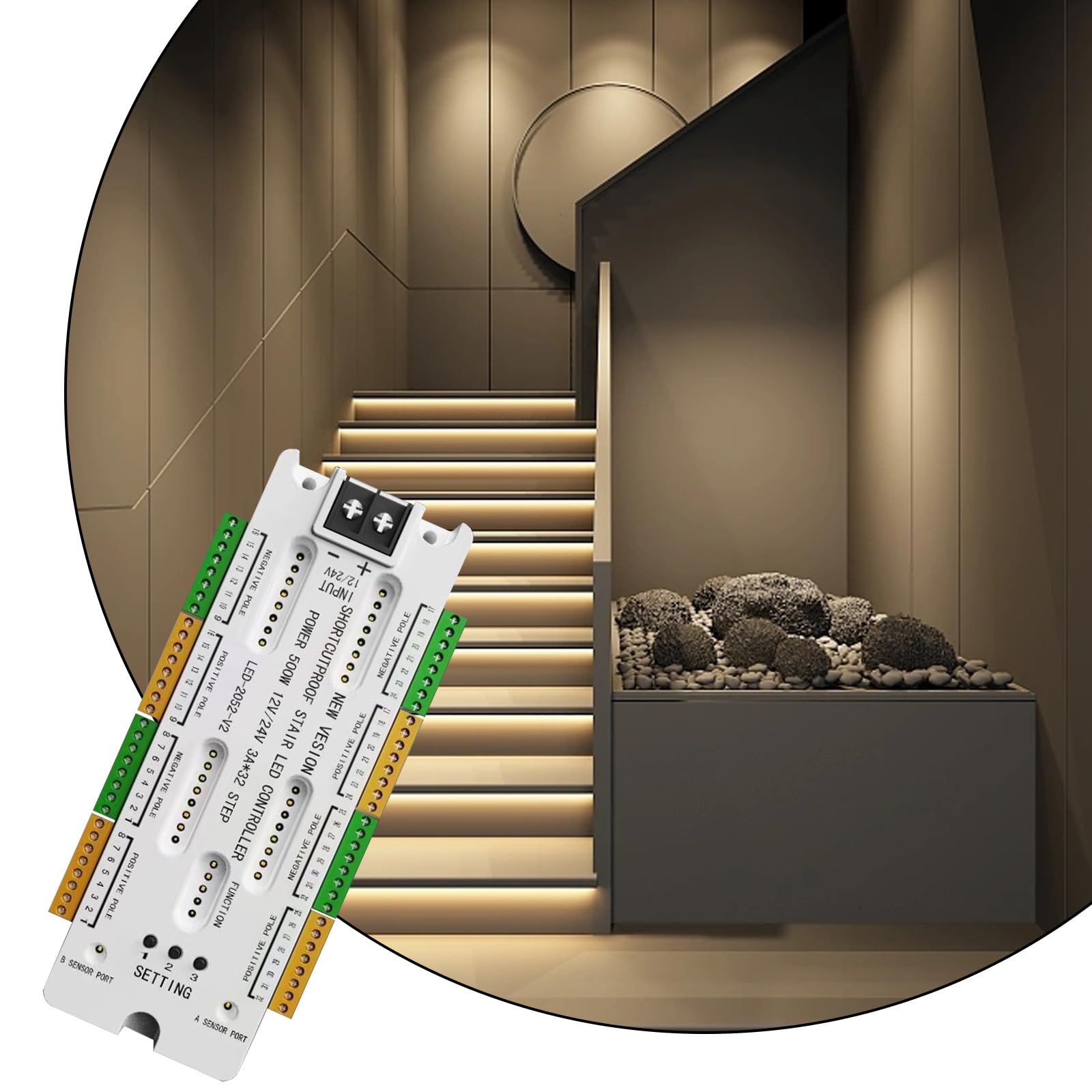 Controller Luci Scale a LED, Sensore di Movimento Controllo Automatico Luci Scale a LED, Protezione da Cortocircuito, 32 Livelli, Luminosità Regolabile per Illuminazione Interna Sotto le Scales