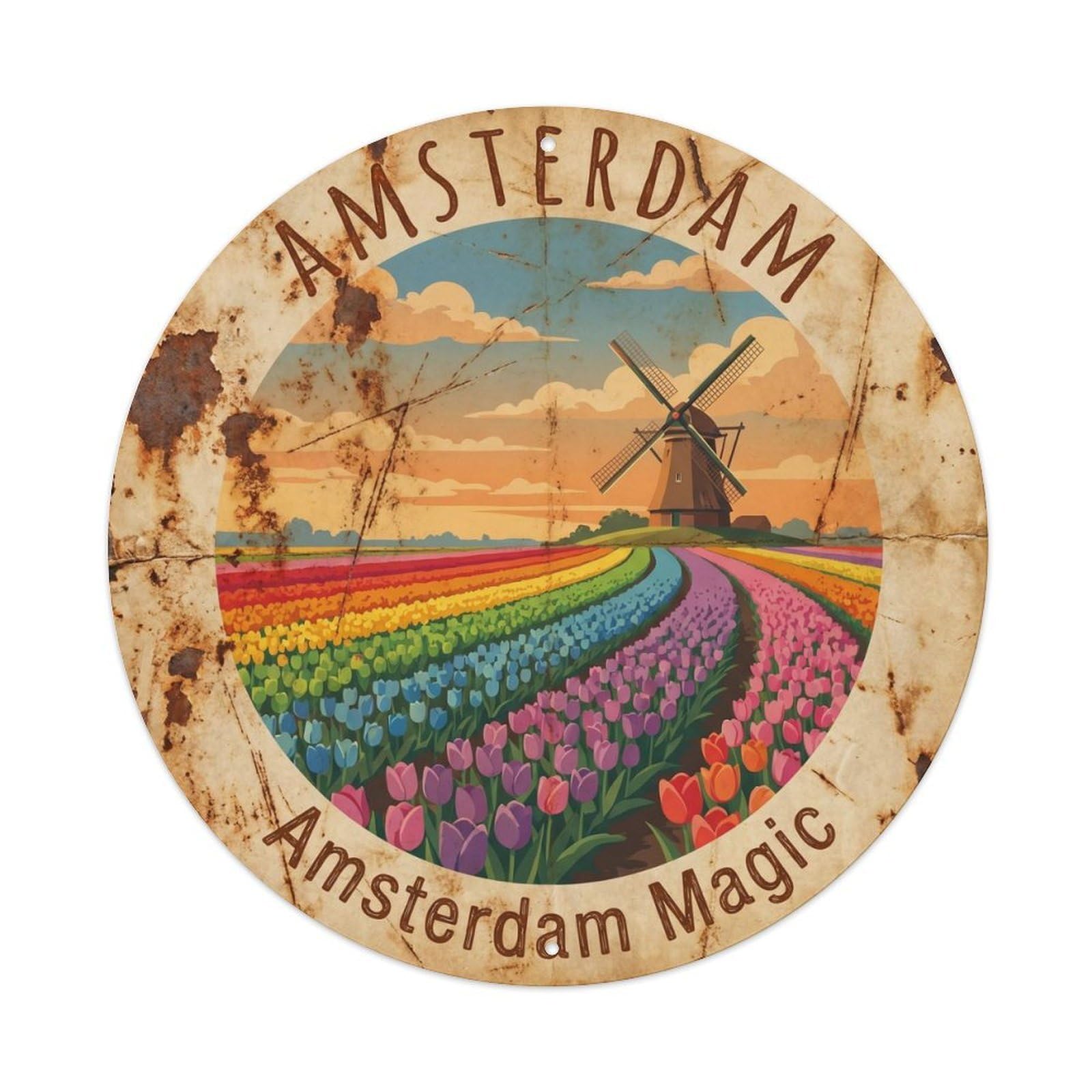 Vintage Travel Dutch Tulip Fields Metal Tin Sign Plaque Wall Decor for Cafe, Club, Garden Round Metal Poster 8x8Inch