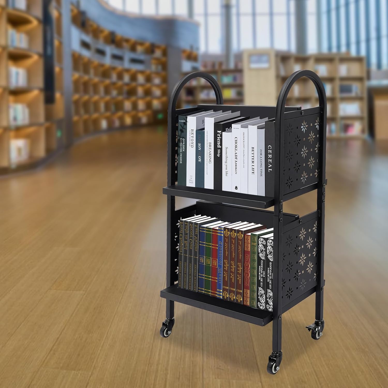 Library Book Cart, Black Rolling Book Cart with Wheels for Libraries, Office, Classrooms, Conference Room - Sturdy and Convenient Storage Solution