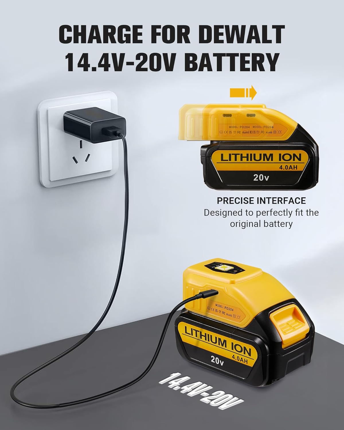 33W Portable USB Max Charger Adapter for Dewalt 20V/60V/18V/14.4V Battery, Compatible with Dewalt 20 Volt Battery with Type-C Fast Charging Input & USB Ports Output (USB Charger【LED Light】) - Image 2