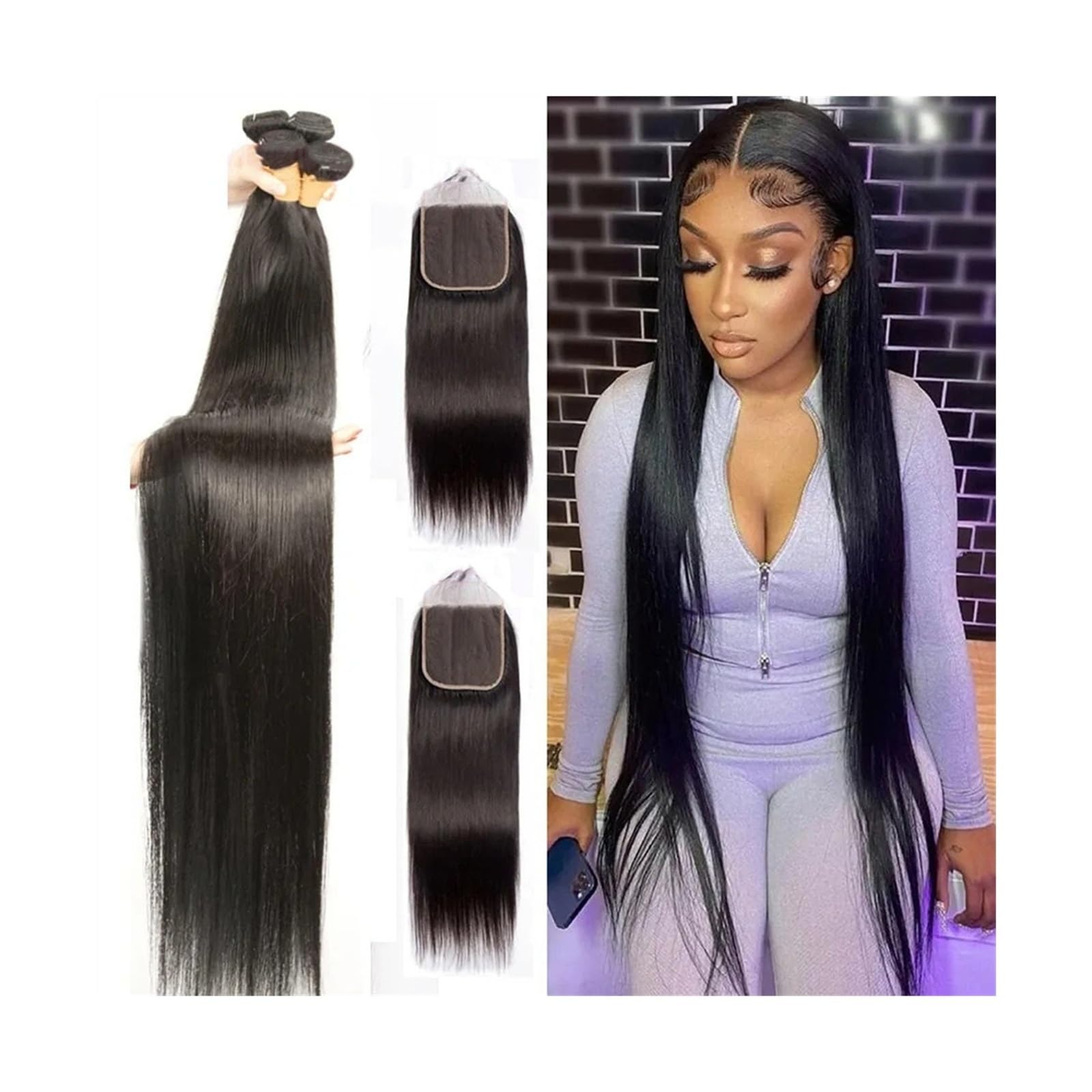 Bundles Fasci lisci ossei con chiusura Estensione del tessuto dei capelli umani di brasiliani colore naturale frontale for donne nere Acconciatura estensioni(13" x 4",24 24 24with20)