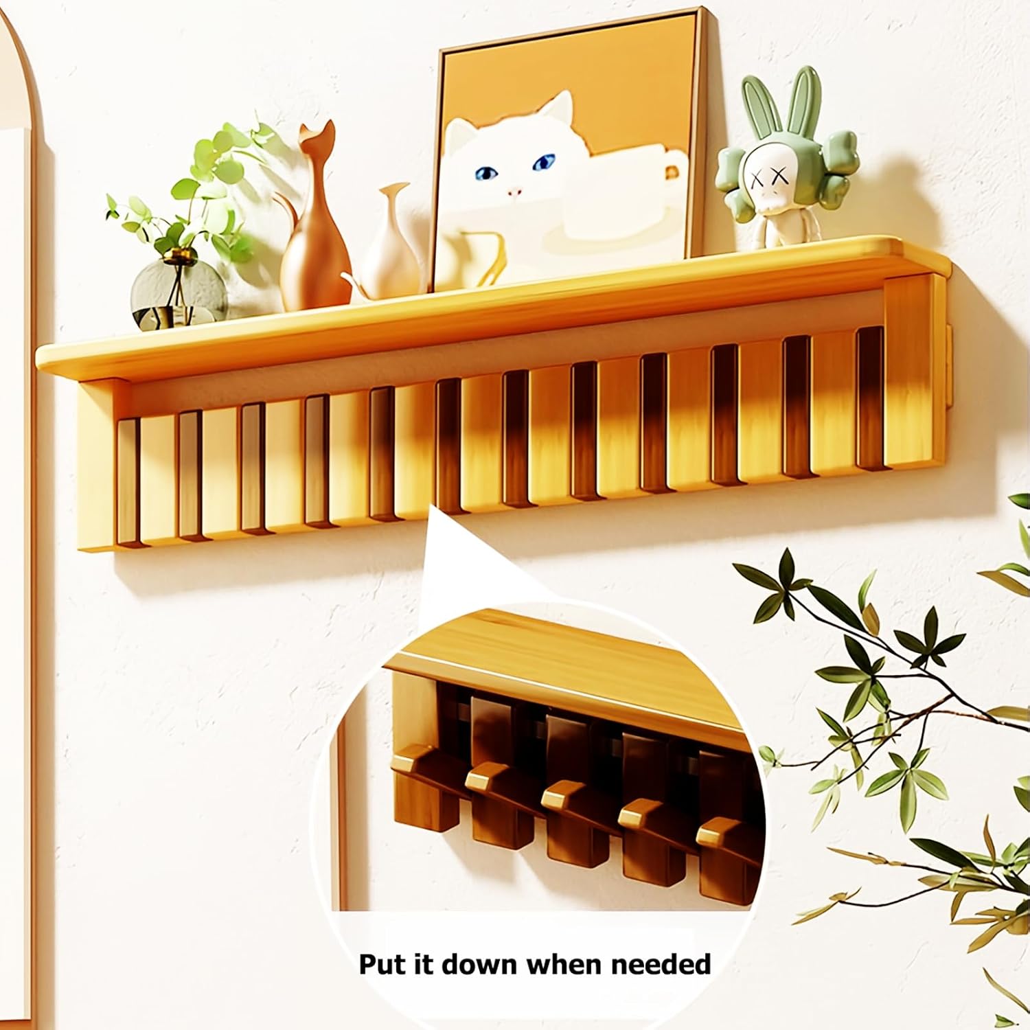 Wall Mounted Coat RackHooks Piano Key Hangers Natural Solid Wood Hanger Non-Woven Fabric Clothes Hangers for Closet, Kitchen, Bedroom, Bathroom, Entryway (Tray Walnut-Beech, 12 Hooks)