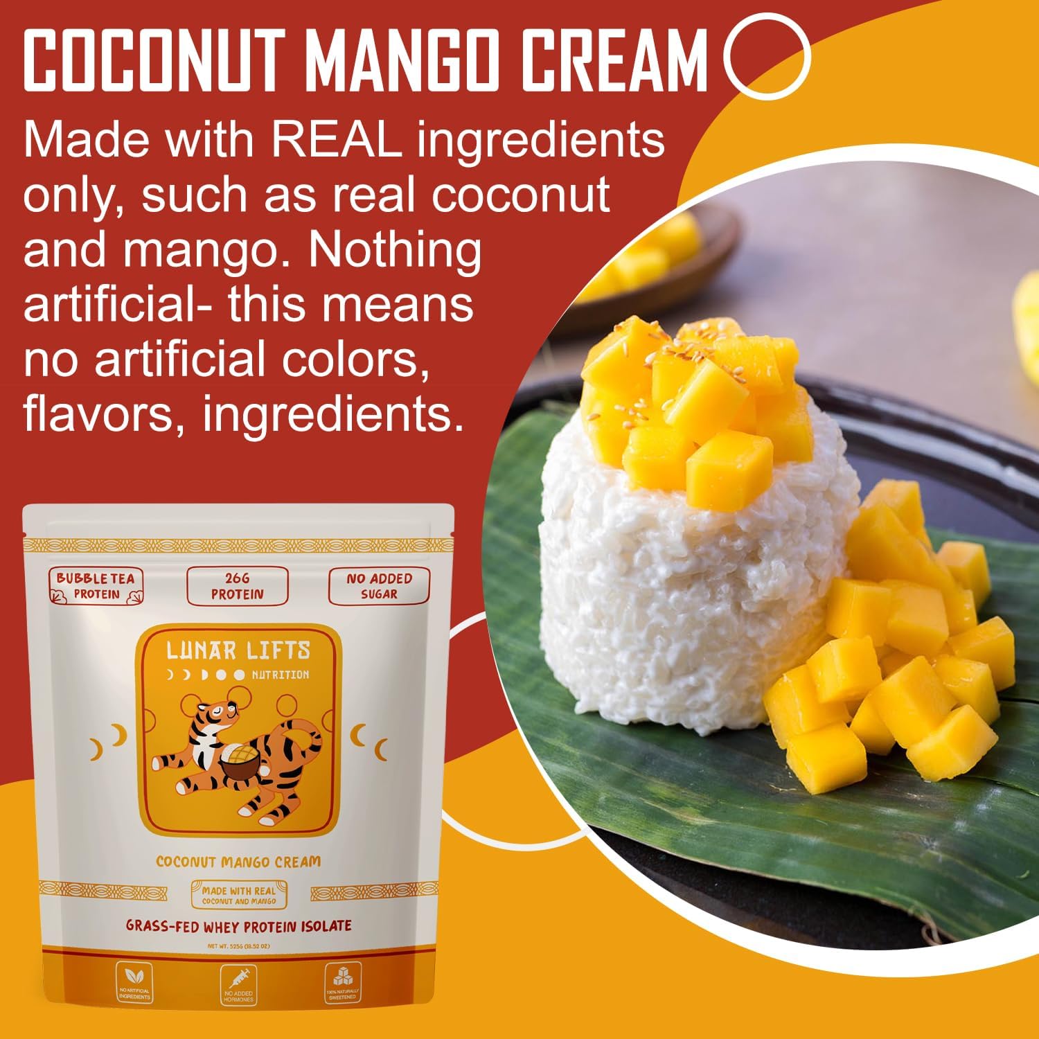 Lunar Lifts Nutrition Coconut Mango Cream - Boba Tea Whey Protein Isolate | 26 Grams Grass-fed Whey Isolate Protein per Serving Protein Powder | No Added Sugars or Artificial Ingredients Protein Shake