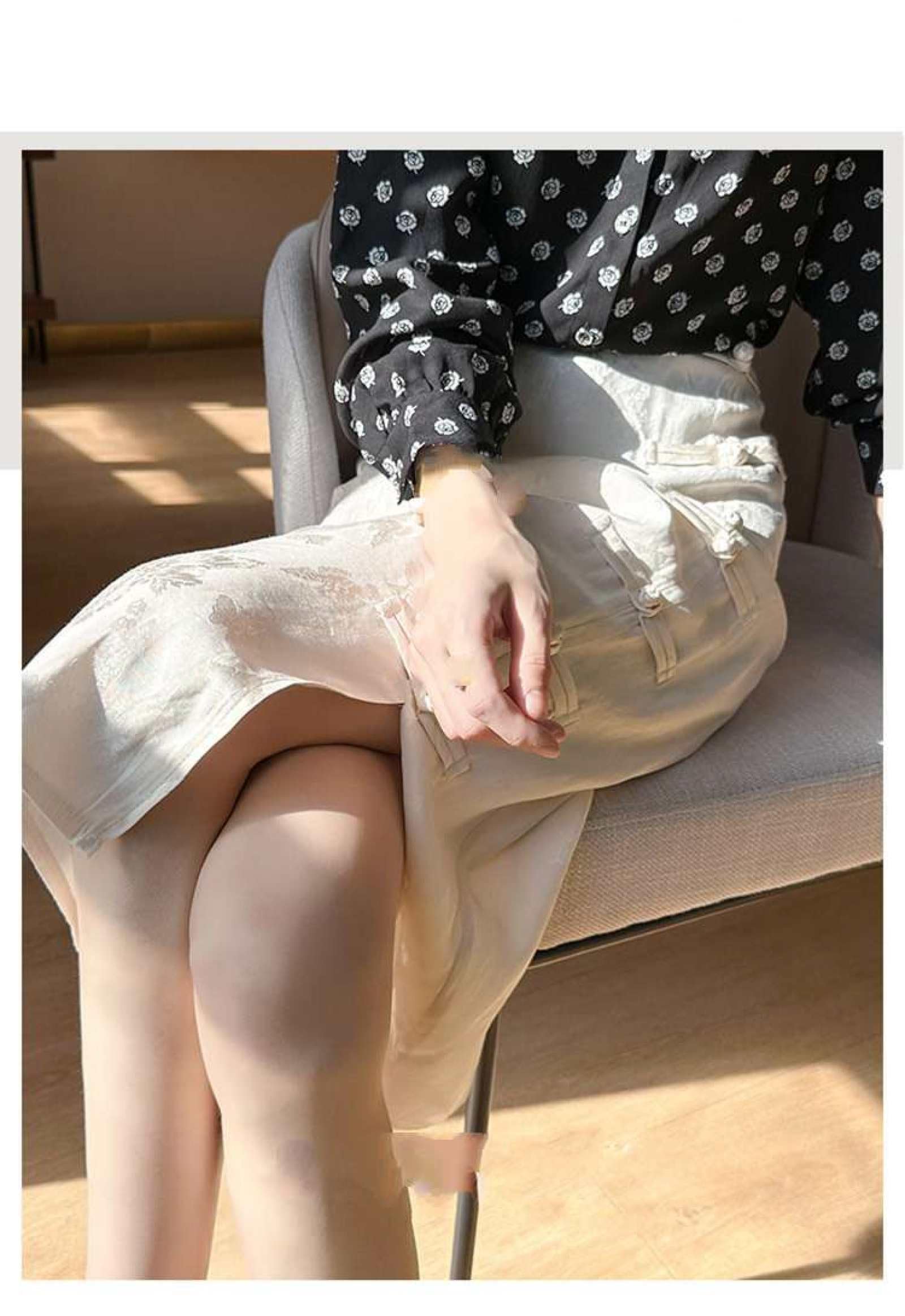 Jupe Droite en Satin De Soie pour Femme - Été Mi-Longue Taille Haute Jacquard Rétro Style Chinois Boucle Cheongsam Jupe Fendue À La Hanche, Jupe Drapée Souple Et Soyeuse À La Mode,Blan