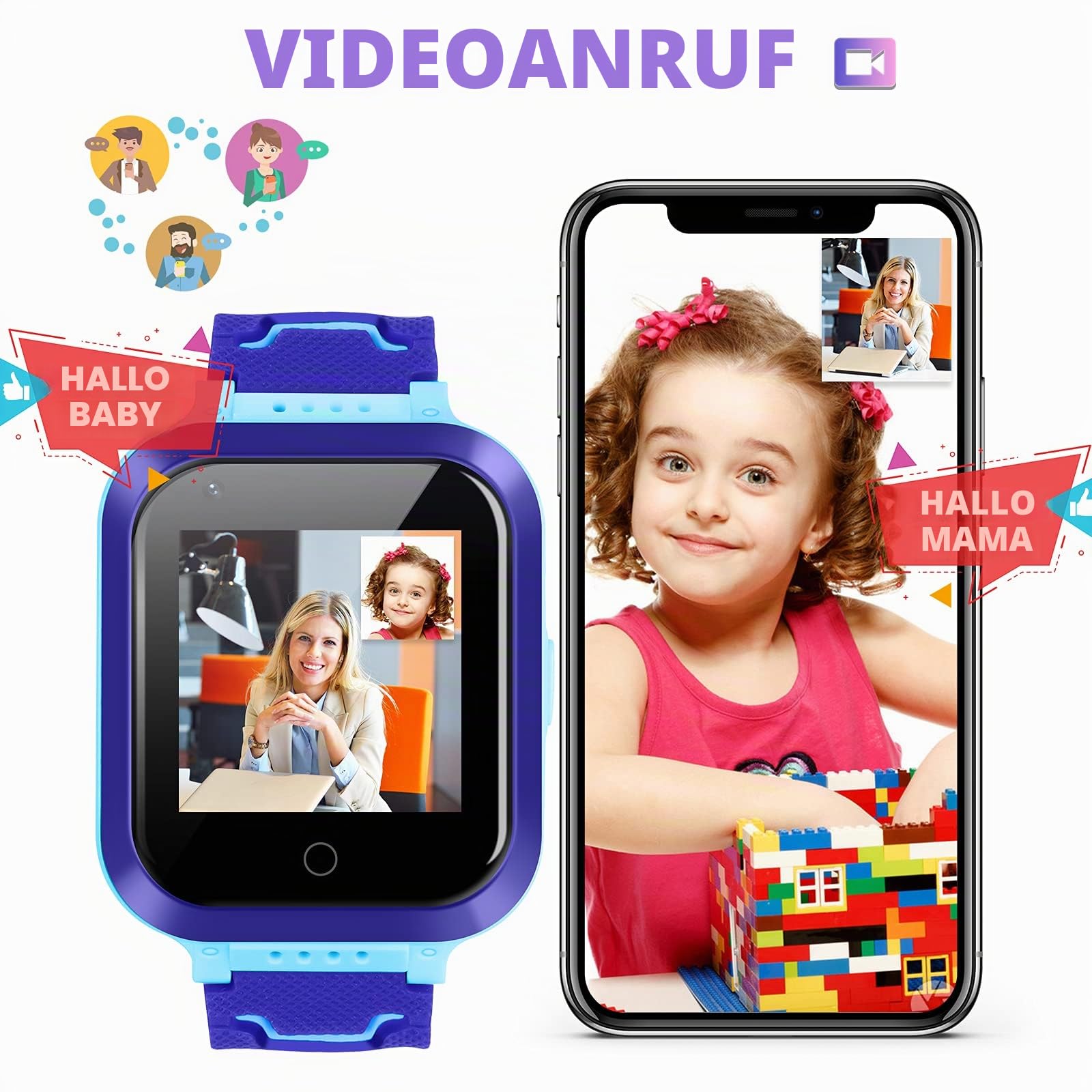 Kinder-Smartwatch,Kinderuhr GPS Anruf,Wecker,Match-Spiel,SOS Kamera-Touchscreen kindersmartwatchuhr Armbanduhr 3-15 Geburtstag Telefonieren Geschenk Weinachtsgeschenke,Blau,one Size
