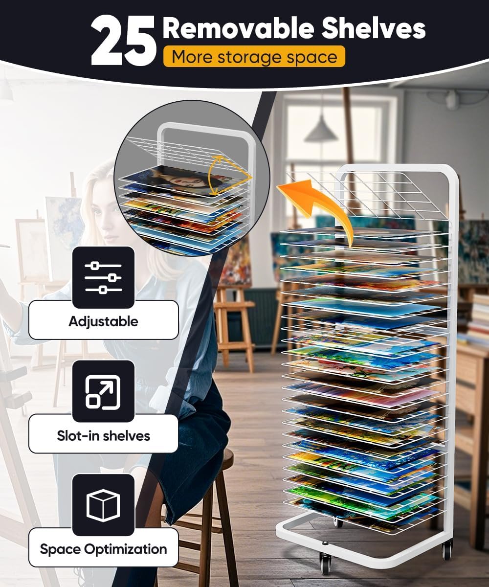 Garbuildman Étendoir à linge robuste pour peinture, support de séchage en métal avec 25 étagères amovibles, support de rangement mobile en toile avec roues verrouillables pour salles de classe