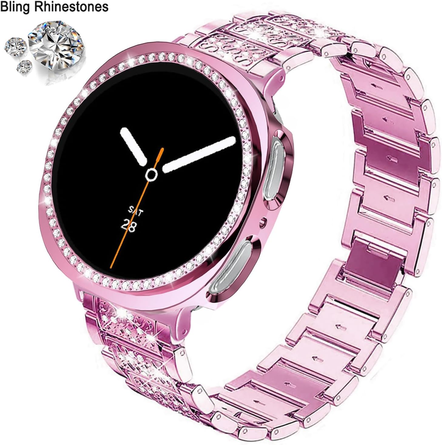 DEALELE Bands and Case Compatible with Samsung Galaxy Watch 8 40mm / 44mm, Bling Rhinestone Diamond Metal Bracelet with Shiny Protective Case Cover Replacement for Women Men