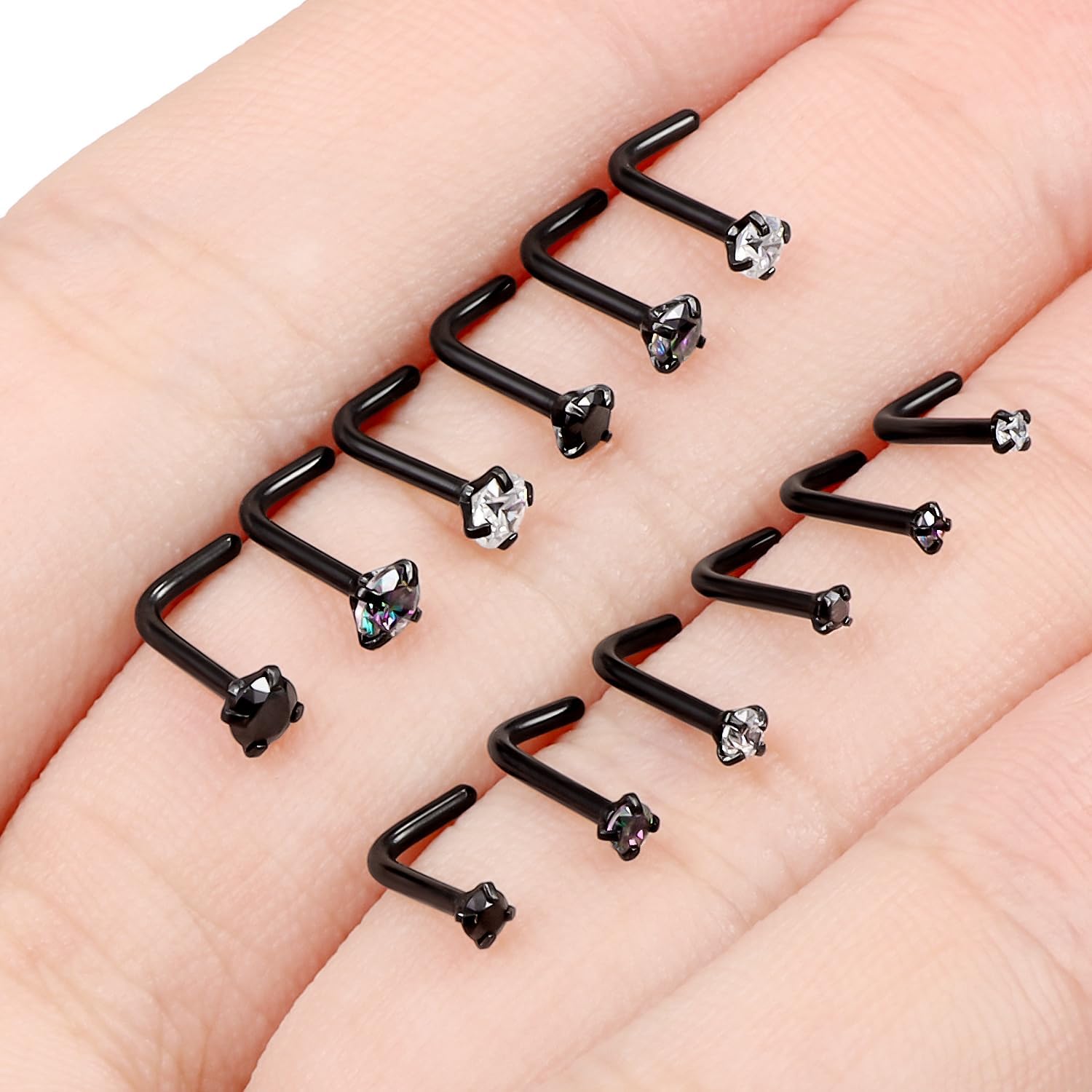 Black Nose Ring Surgical Steel Nose Rings Studs 20G 18G L Shaped Nostril Piercings Cubic Zirconia Nostril Piercing Jewelry for Women Men 9Pcs