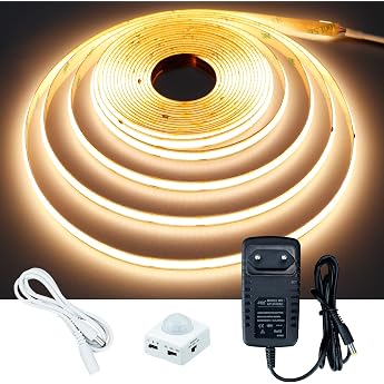 GOMING 12V 5m COB LED Strip with Motion Sensor Power Supply Warm White 3000K LED Strip IP20 Non-Waterproof LED Strip Self-Adhesive for Stairs Childrens Room Cabinets Bed Lamp Lighting [Energy Class F]