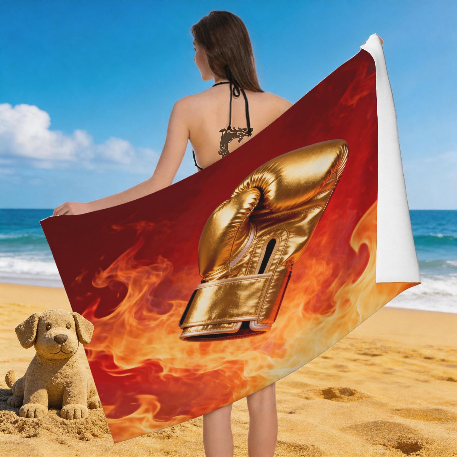 Leichong 3D Golden Boxing Gloves Beach Towel Microfiber Soft Quick Dry for Adults, Chic Flame Bath Towel Lightweight Soft Absorbent for Travel Swimming Pool Sports, 75 x 150 cm