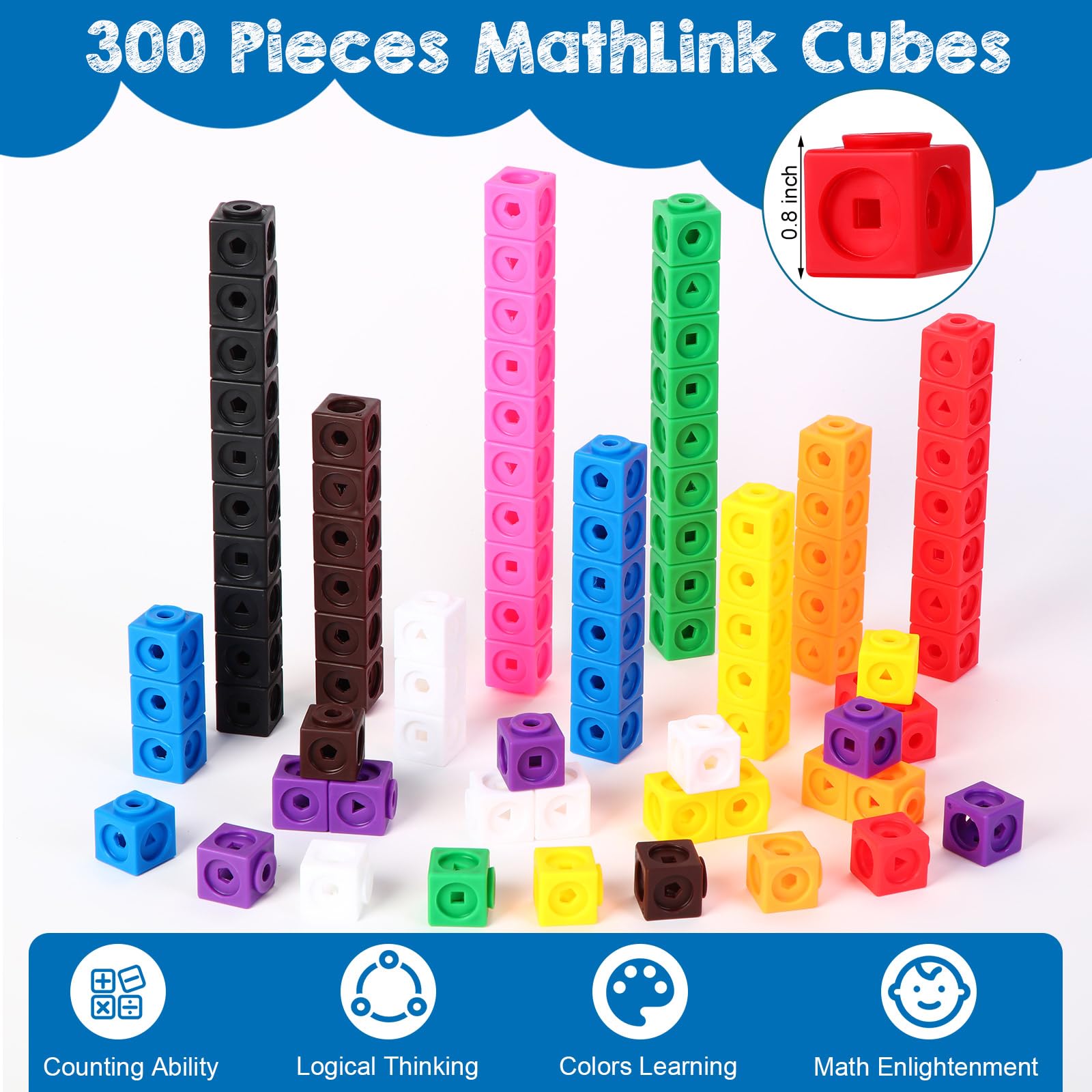 Juego de 318 cubos de construcción de cubos de conteo de matemáticas con tarjetas madre de enlace, bloques de conteo manipulativos matemáticas preescolares juegos de contador de matemáticas 7