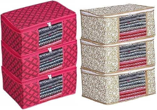 AARON INC Juego de 6 fundas plegables para sari, bolsa de almacenamiento de ropa, organizador de armario con ventana transparente y cremallera para