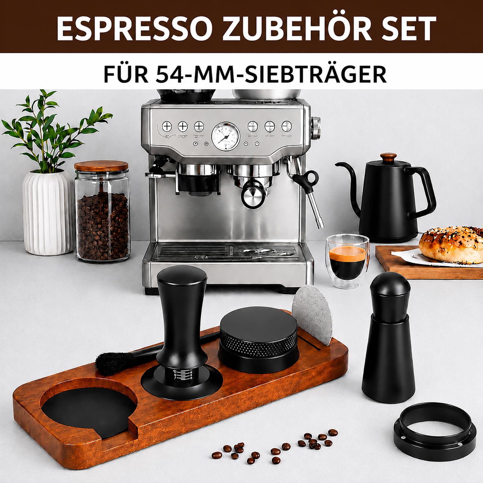 54 mm Espresso Zubehör Set 7-teilig – Barista Zubehör & Tamper Set mit Tamperstation aus Sapeleholz, Tamper, Kaffee Distributor, WDT Tool, Dosierring & Puck Screen für Sage/Breville Siebträger