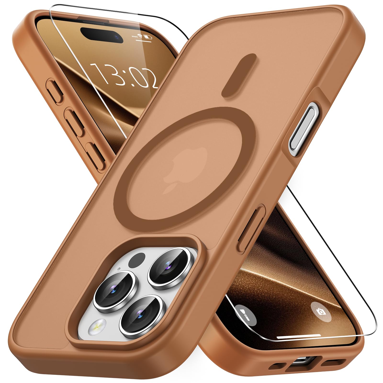 Vansdon Cover Magnetica per iPhone 16 Pro con 1 Pezzi Vetro Temperato, Compatibile con Magsafe, Protezione anticaduta di livello militare, Custodia Traslucida Opaca Sottile Antiurto-Marrone caffè