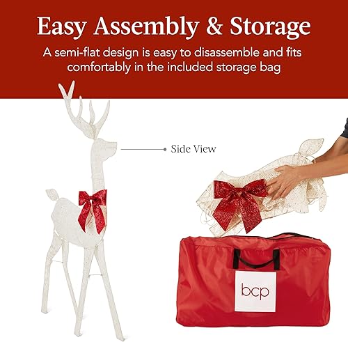 Miniatura 4 de Best Choice Products Ciervo de Navidad iluminado en 2D de 5 pies, gran decoración navideña para patio con 105 luces LED, estacas, bridas de