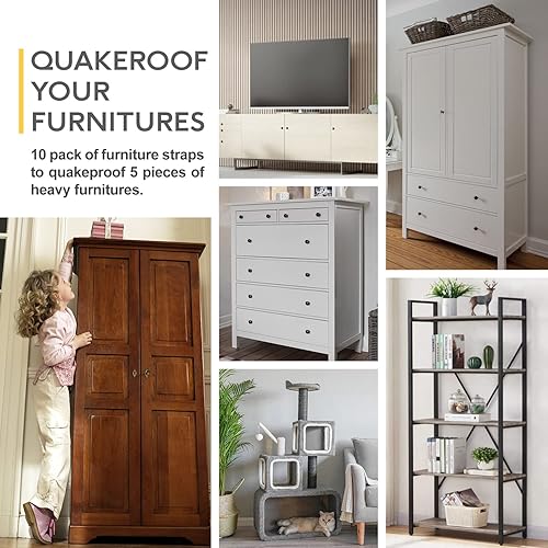 Miniatura 9 de Anclajes de muebles paquete de 10 correas antipuntas para muebles para bebés y correas de metal resistentes a los terremotos de tensión de 400