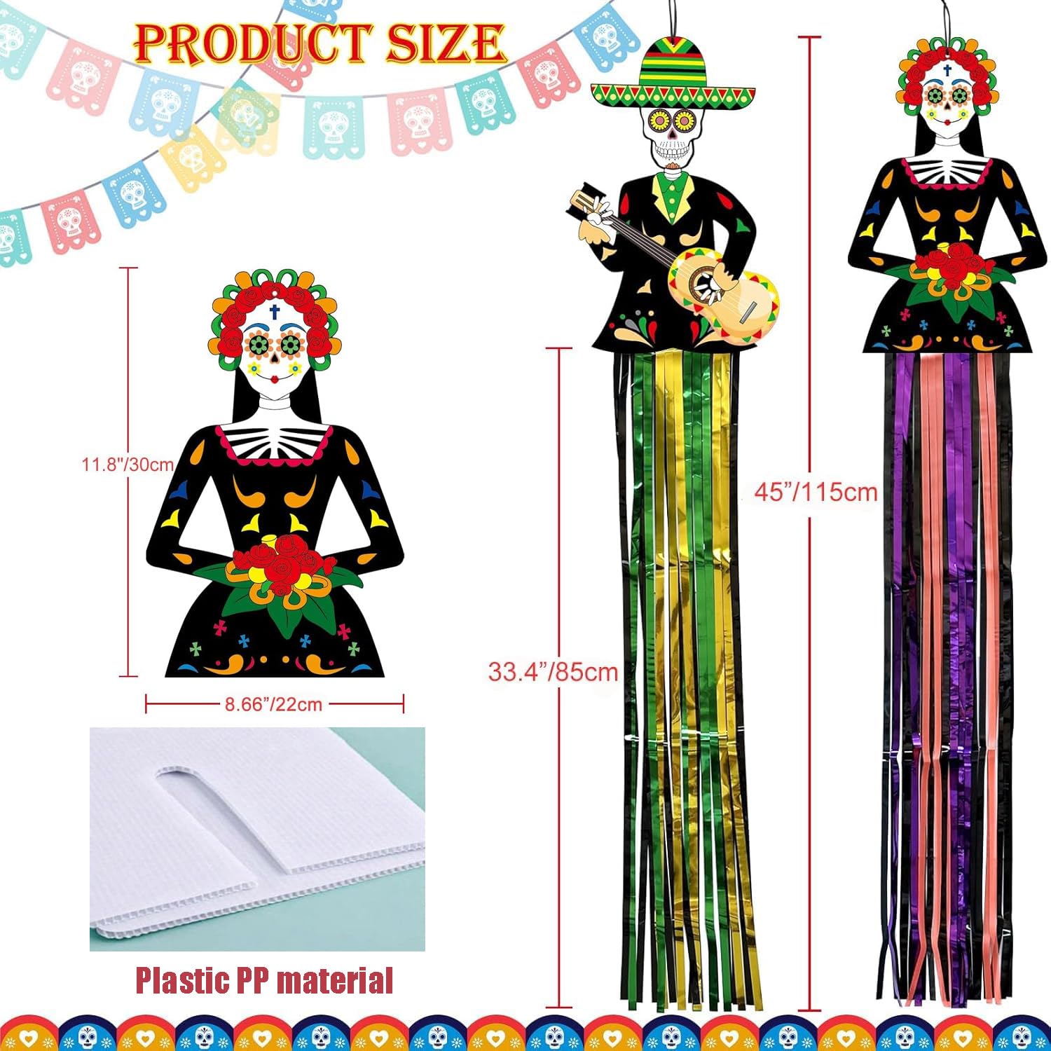 4 Pezzi Decorazioni Appese Teschio di Zucchero – Dia de los Muertos, Halloween, Altar Ofrenda, Feste Messicane, Decorazione da Parete e Giardino con Nappe