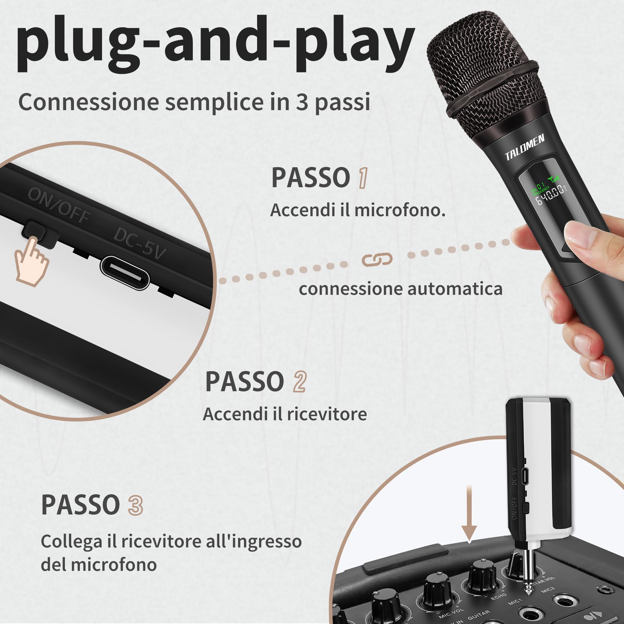 talomen Microfono wireless karaoke 2,4 GHz, microfono dinamico portatile professionale con ricevitore ricaricabile, per canto, karaoke, feste, esibizioni dal vivo, K604 Argento, Nero, Verde, Viola