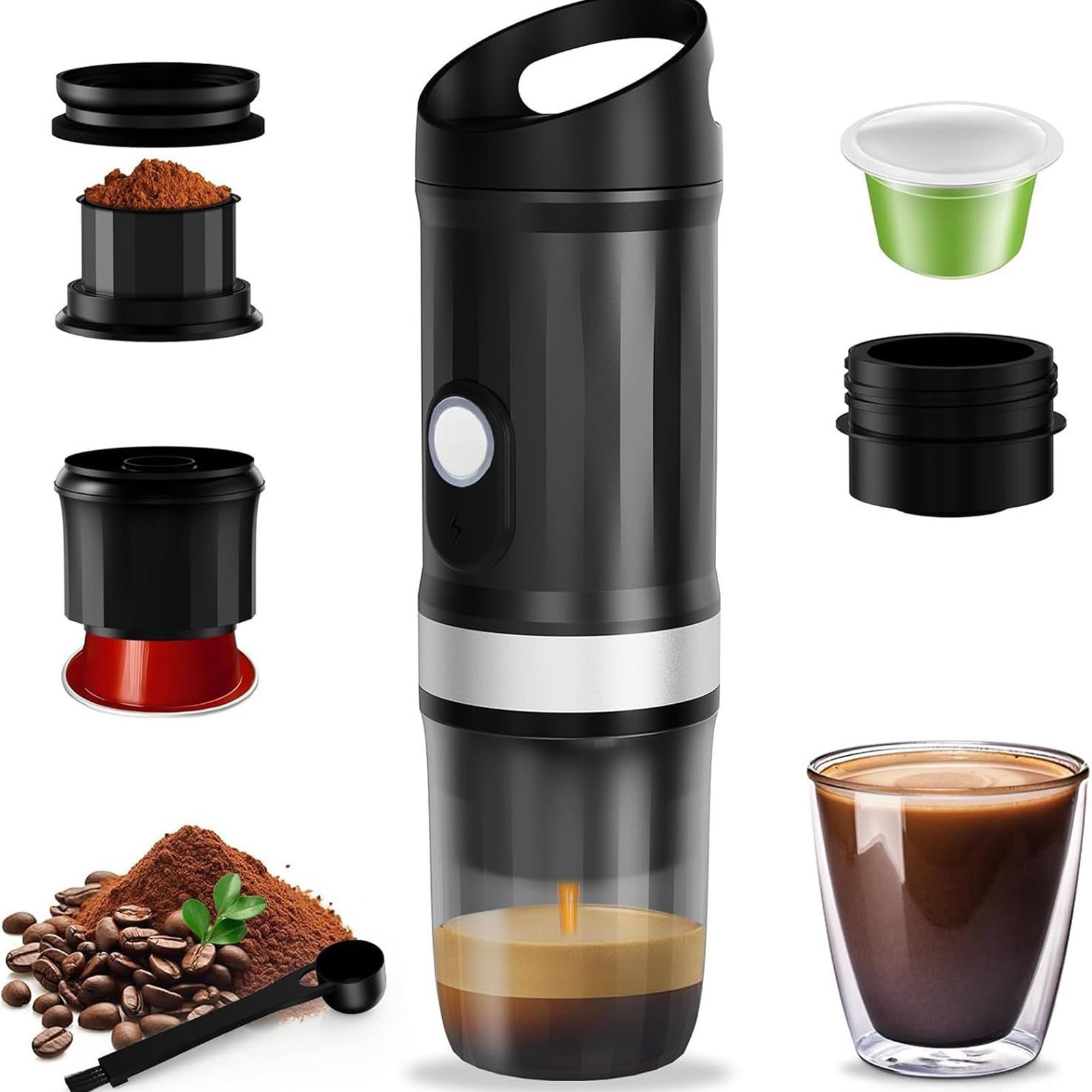 Macchina per Espresso Portatile 3 in 1, Caffettiera Elettrica Ricaricabile 20 Bar con Riscaldamento Autonomo Rapido, Compatibile con Capsule e caffè Macinato per gite, lavoro, campeggio (Nera)