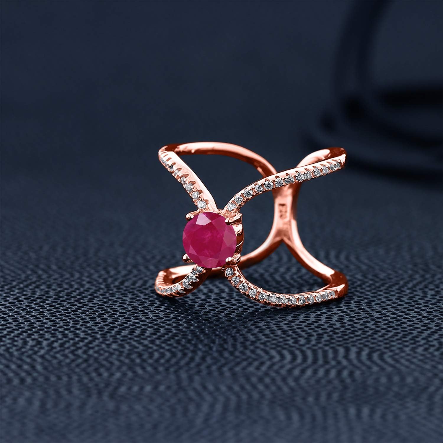 Gem Stone King 1.58 Cttw Round Red Ruby 18K Rose Gold Plated Silver Curvy Cross Ring for Women