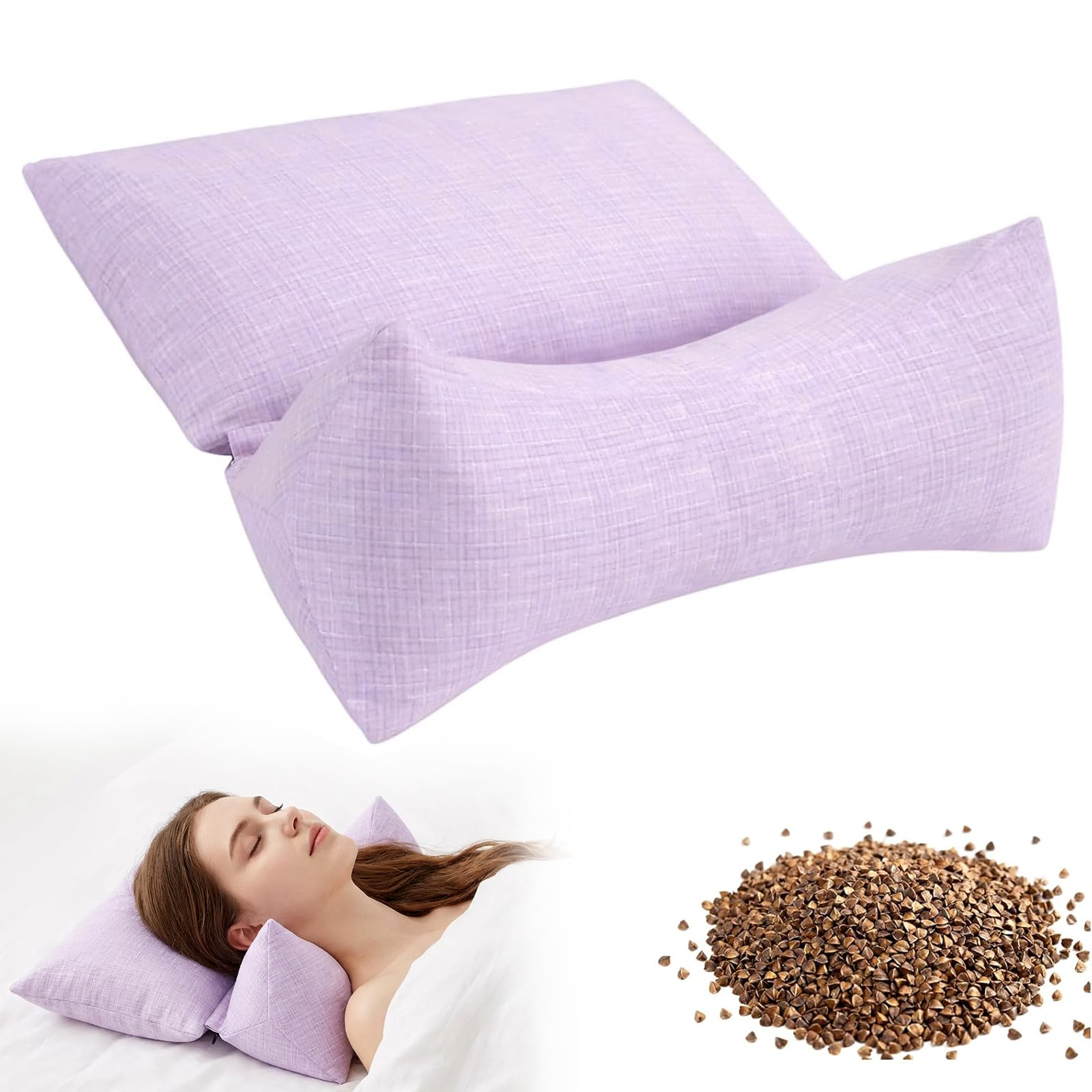 Nidoul Triangular Buckwheat Hull Pillow Purple, 3-in-1 Detachable Orthopedic Ergonomic Neck Support Pillow for Neck and Shoulder Pain Relief, Ideal Side Sleeper & Support Pillow for Sleeping