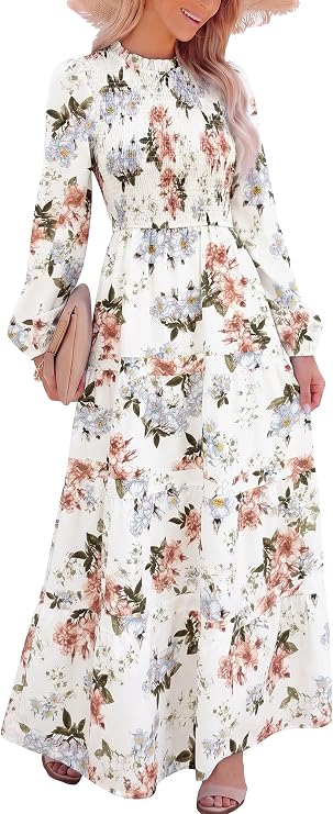 Caracilia Womens Long Sleeve Floral Boho Flowy Maxi Dress | Crew Neck Smocked Tiered , Elastic Puff Cuffs, Casual Soft Lightweight , Wedding Guest Vacation , Fall Winter Clothing