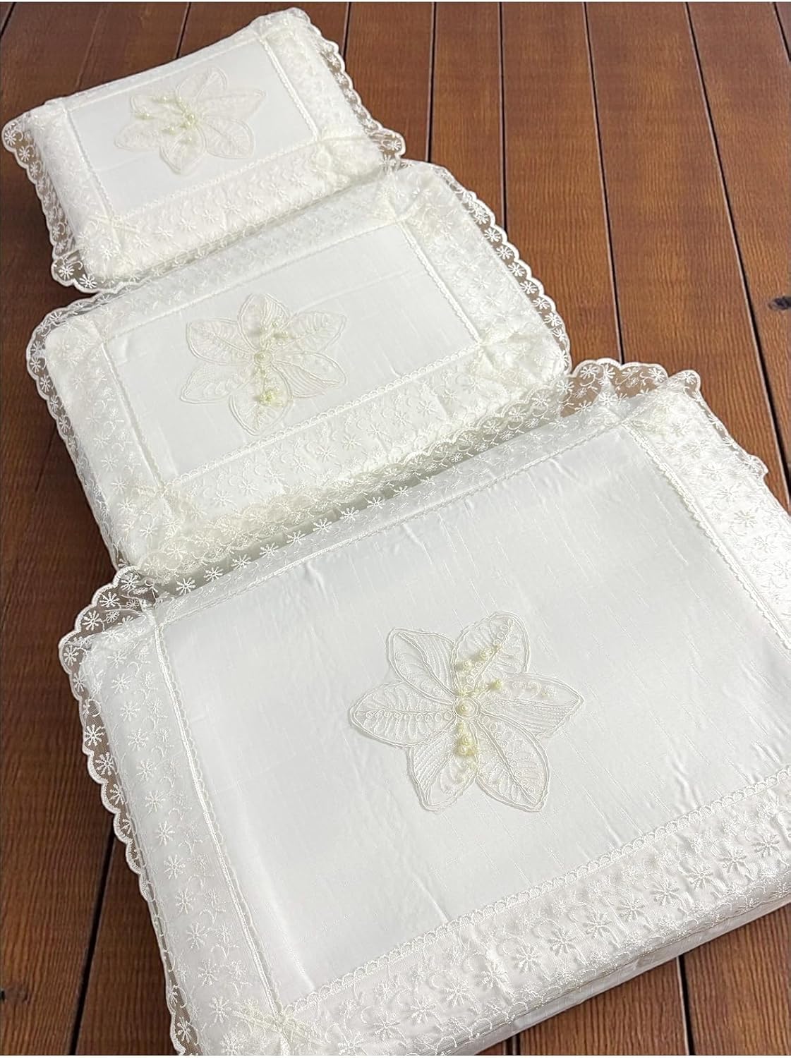 3 Piece Storage Bag Set - Large 23.6x15.7x7.9 in, Medium 15.7x13.8x5.9 in, Small 13.8x11.8x5.9 in | Gray Satin Fabric with French Lace Trim | appropriate for Wedding, Engagement, Dowry Chests | Organi
