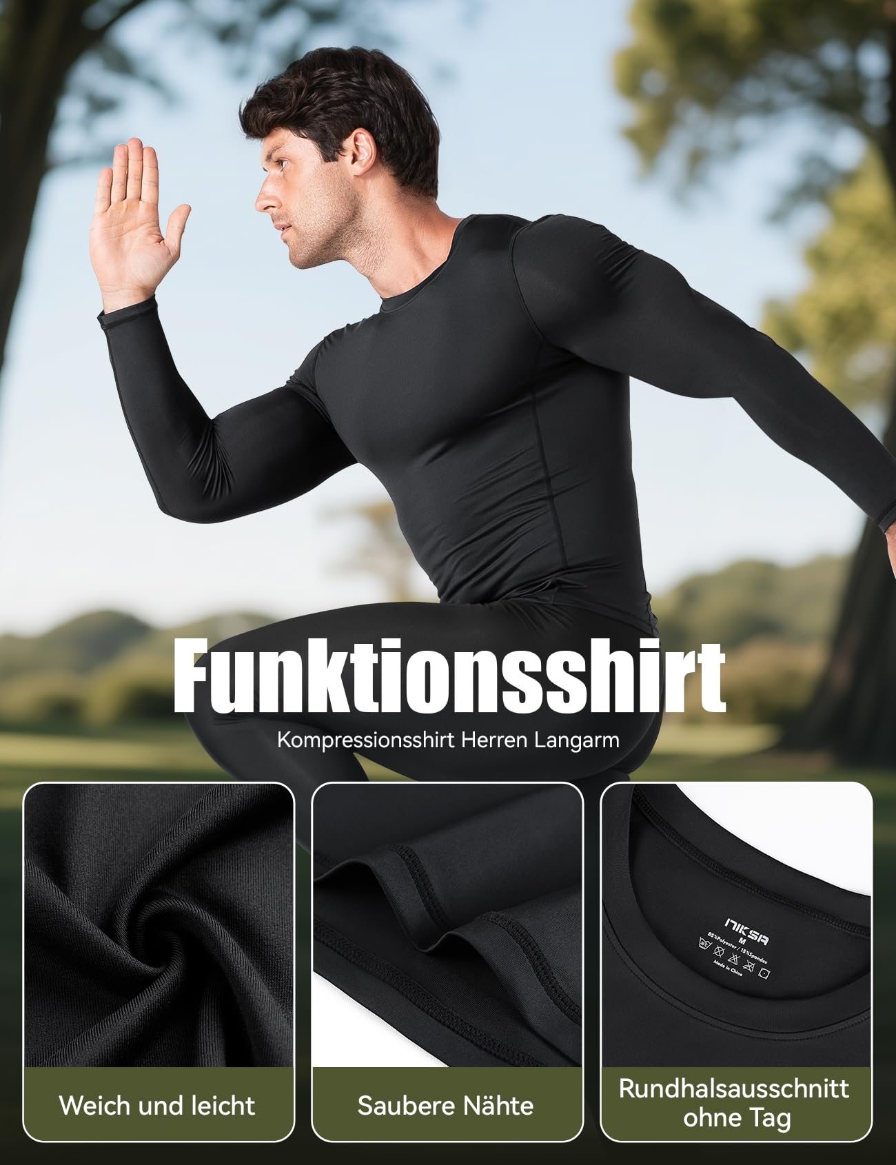 Niksa Kompressionsshirt Herren Langarm, Sportshirt Männer Atmungsaktiv & Schweißableitend, Funktionsshirt für Fitness, Laufen, Gym, Training (1er/2er Pack)