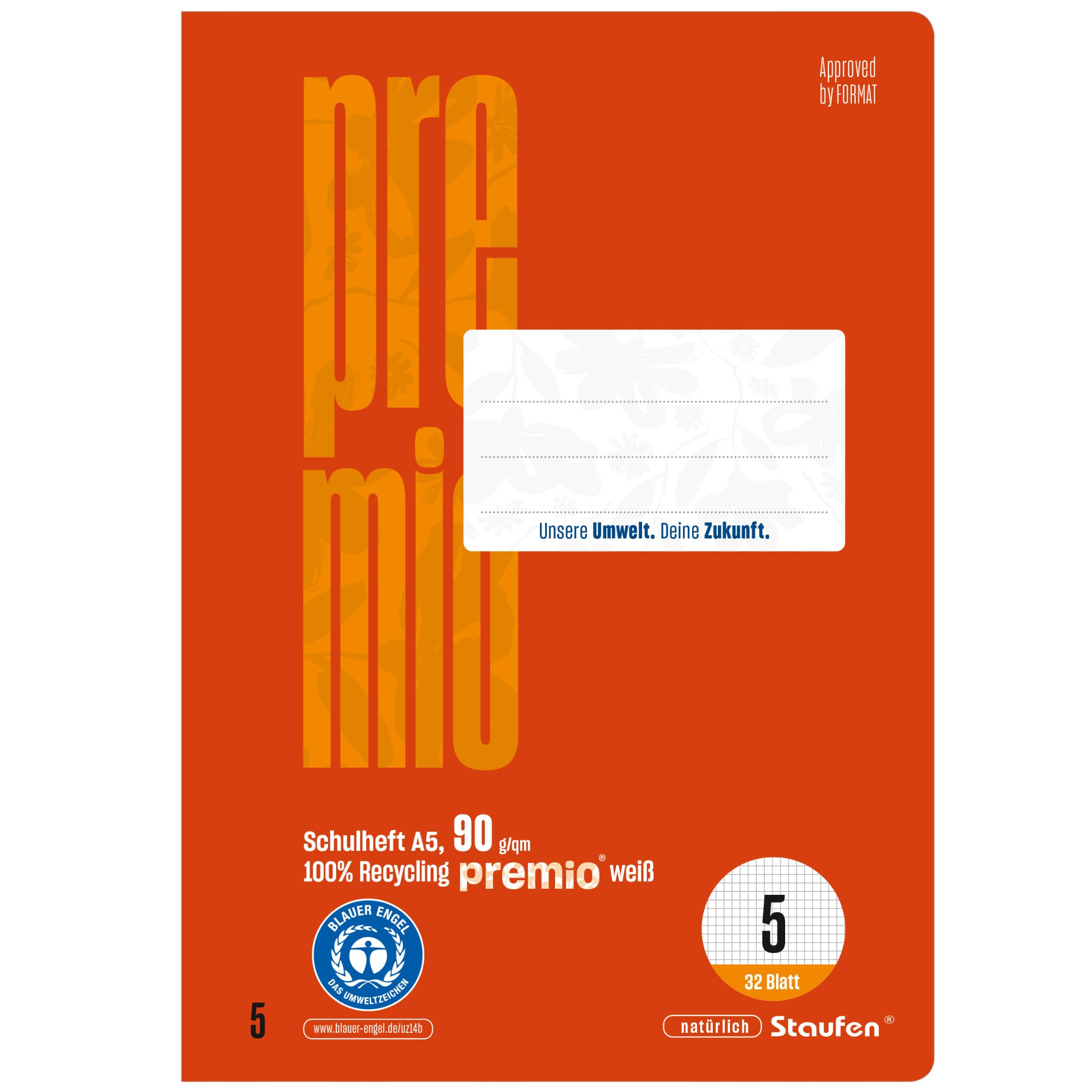 Staufen premio Schulhefte - 5 Hefte je 32 Blatt, Lineatur 5, DIN A5, 90 g/m², kariert 5 mm