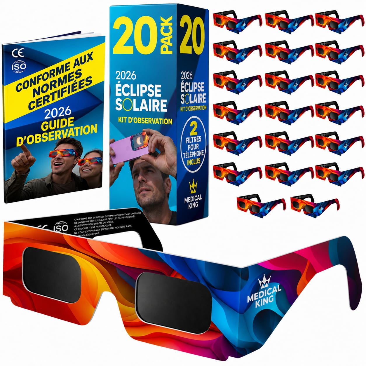 Lunettes Eclipse Solaire 2026 – Lot de 20 Paires Premium avec 2 Filtres Solaires pour Smartphone Lunettes Eclipse Solaire ISO 12312-2 Certifiées CE Protection des Yeux pour l'Observation du Soleil