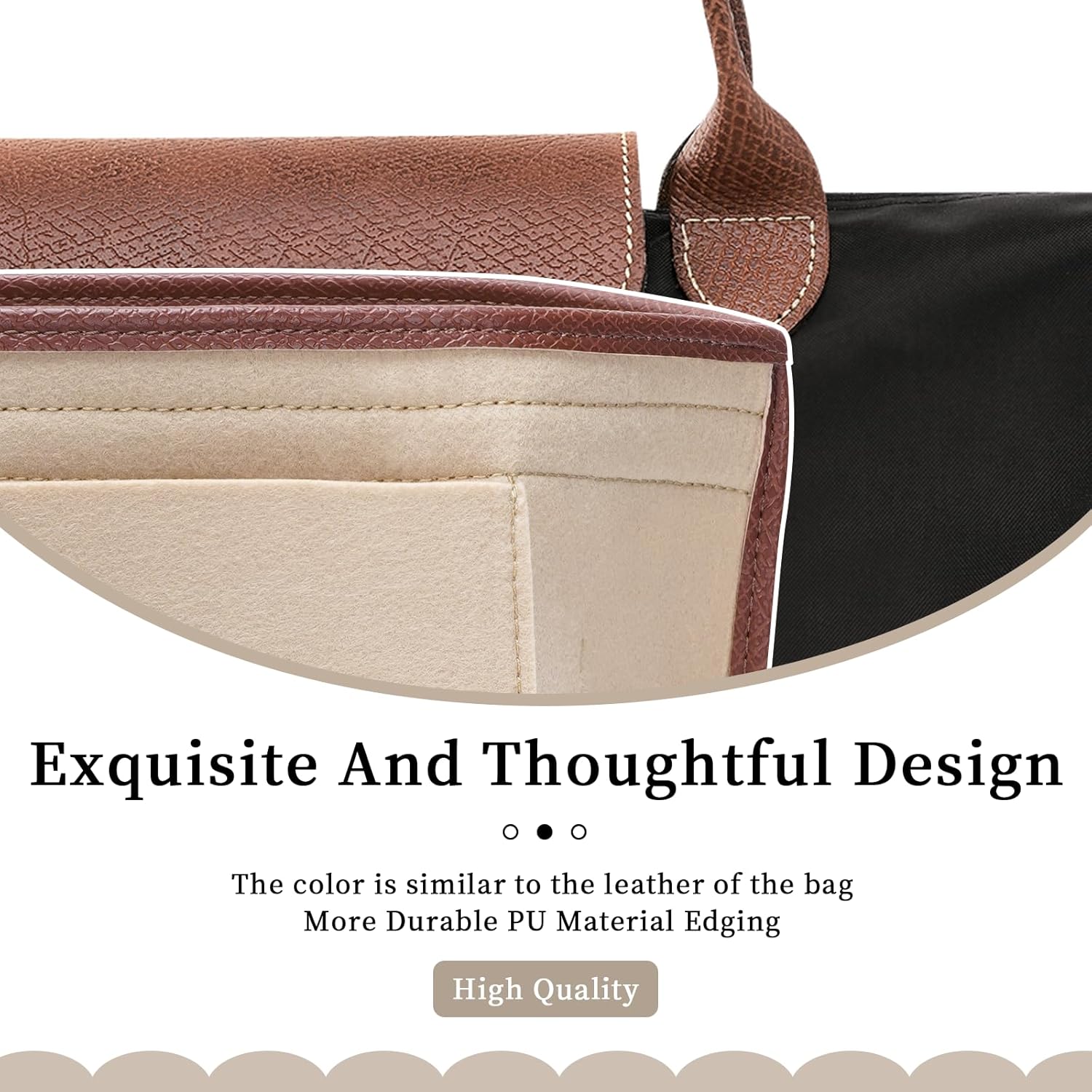 Felt Purse Organizer Insert for Longchamp Le Pliage L Bag, Handbag Leather edge Longchamp Organizer Insert with Cup Holder Tote Organize(Beige, Large) - Image 5