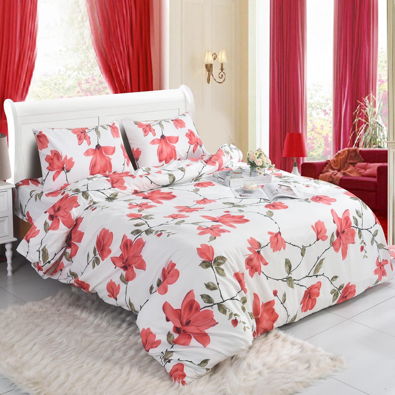 BOSKI LONDON 4 Piece Printed Bedding Set – Microfiber Duvet Cover, Fitted Sheet 25cm Deep Pocket & Pillowcases | Soft Quilt Cover Set Single Double King Super King (Spring Red, SINGLE)