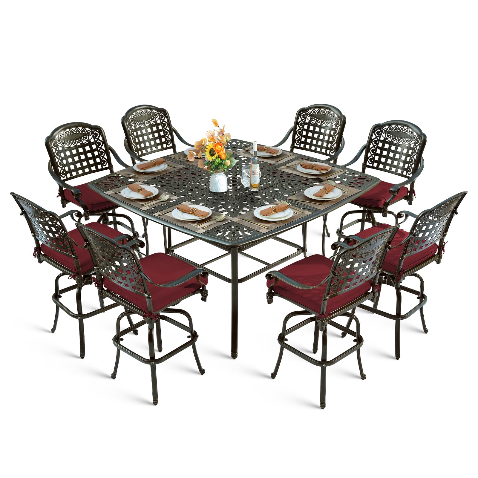 MEETWARM 9-Piece Outdoor Patio Swivel Bar Set, All Weather Cast Aluminum Patio Bar Table and Chairs Set with 8 Cushioned Swivel Bar Stools, Large 64" Square Patio Bar Height Table, 2.2" Umbrella Hole