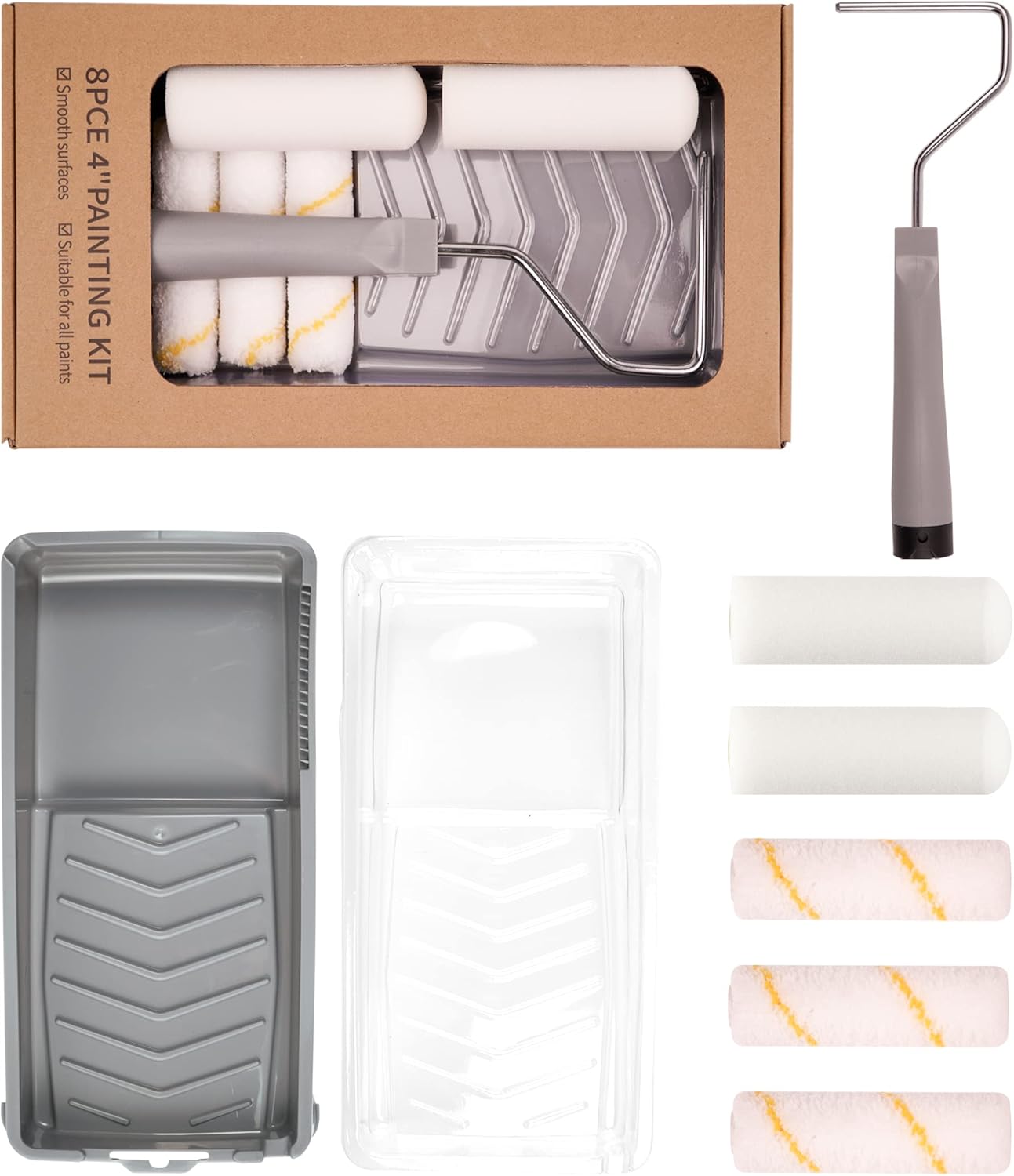 8 Piece Mini Paint Roller Kit, 4 Inch Foam Paint Roller, Microfiber