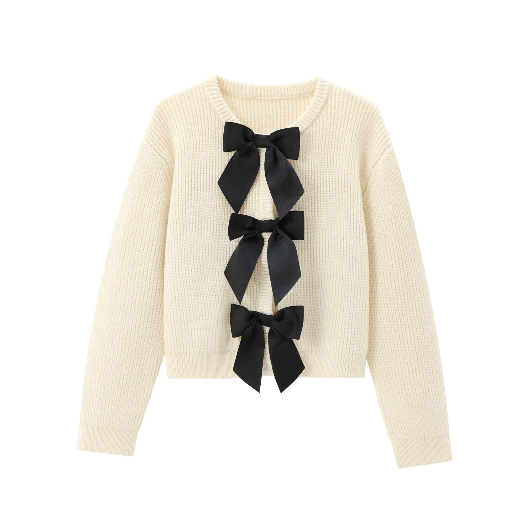 Chevara Womens Bow Tie Knitted Cardigan Y2K Long Sleeve Crew Neck Fall Sweater