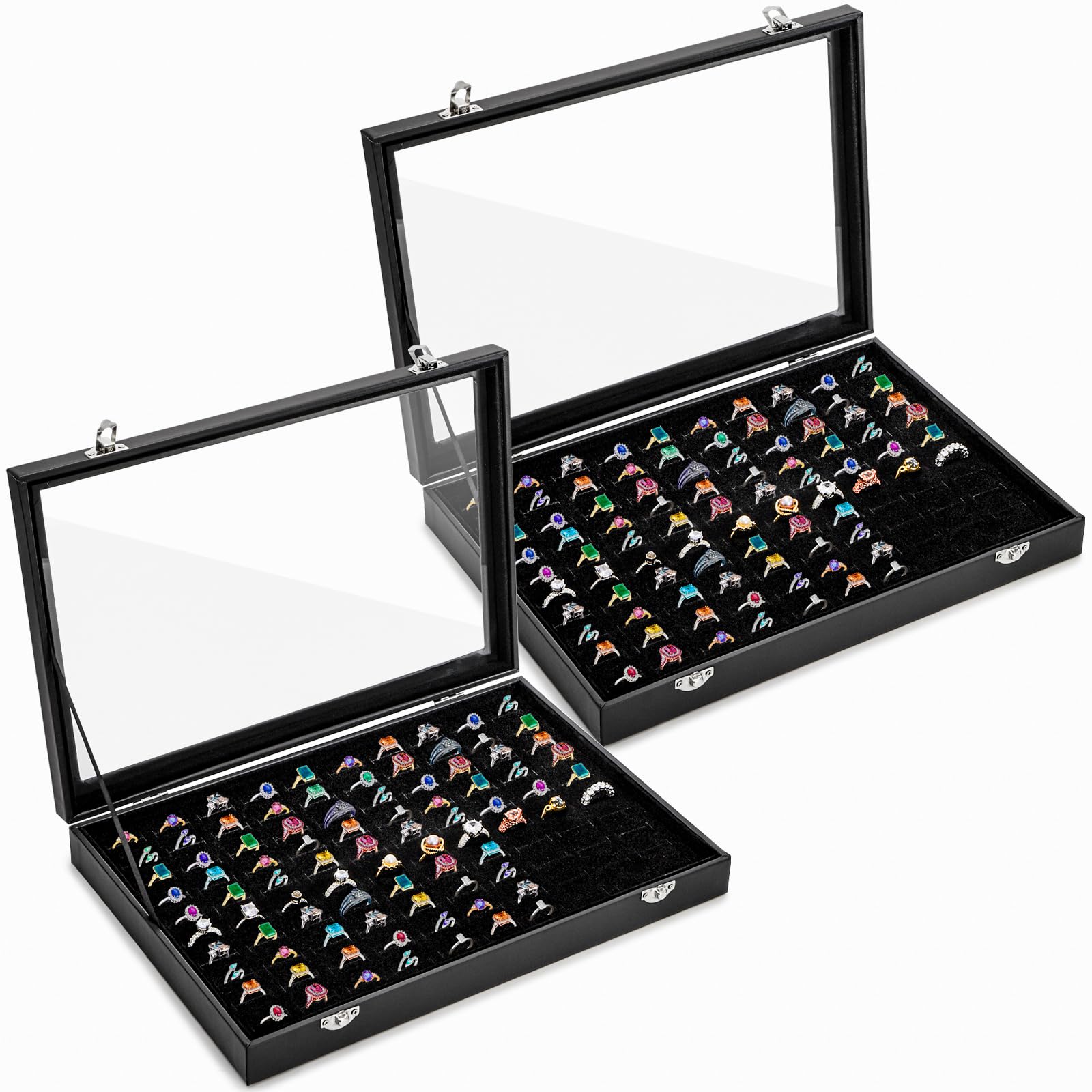 Boîte de rangement à 100 emplacements pour bagues avec couvercle en verre et écrin velours noir