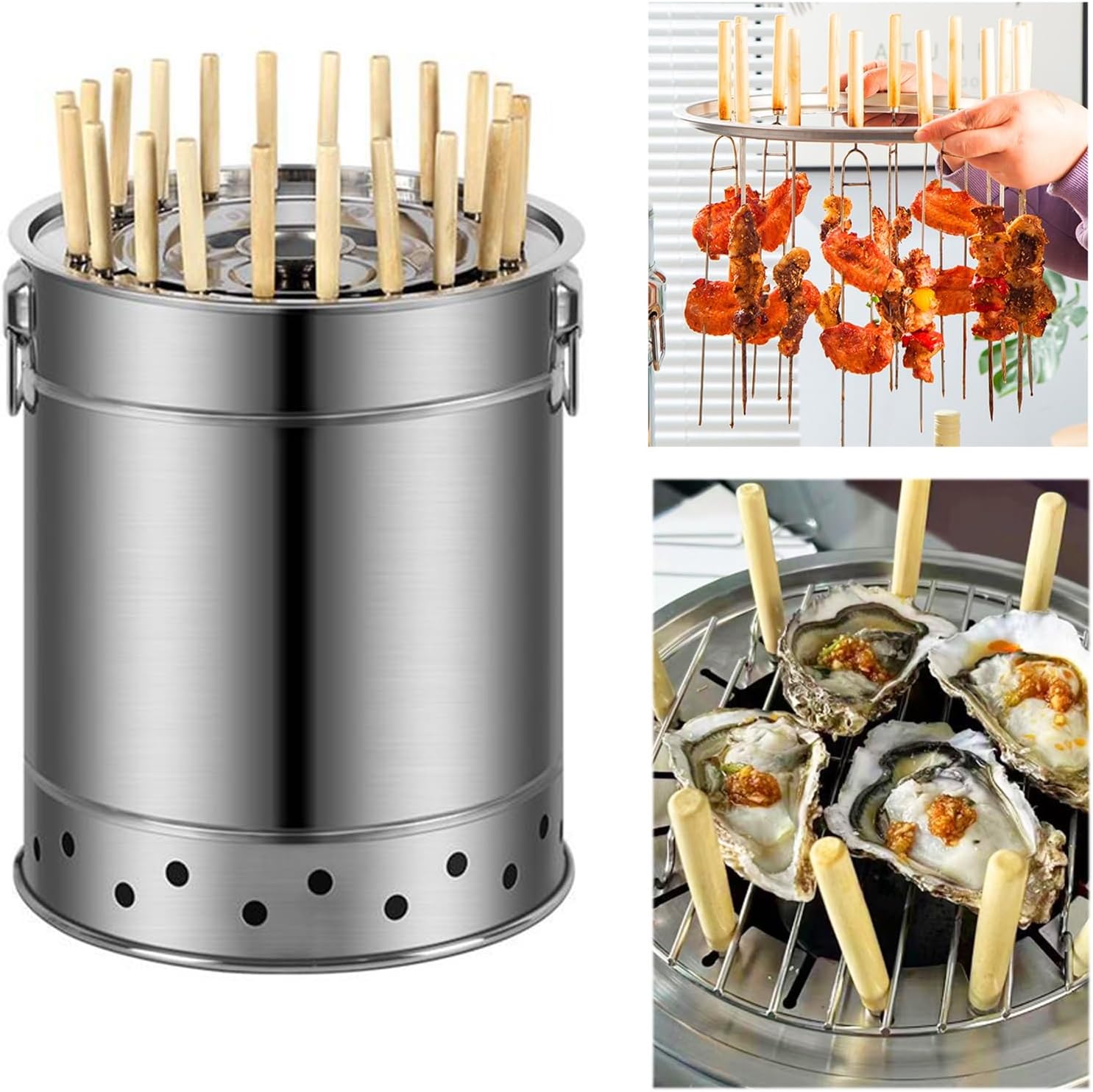 Outdoor Charcoal Grill Smokeless BBQ Hanging Grill Portable Stainless Steel BBQ Grill Oil and Carbon Separation Design Round Barrel Grill for Barbecue Party Camping(35x37cm/13.8x14.6)