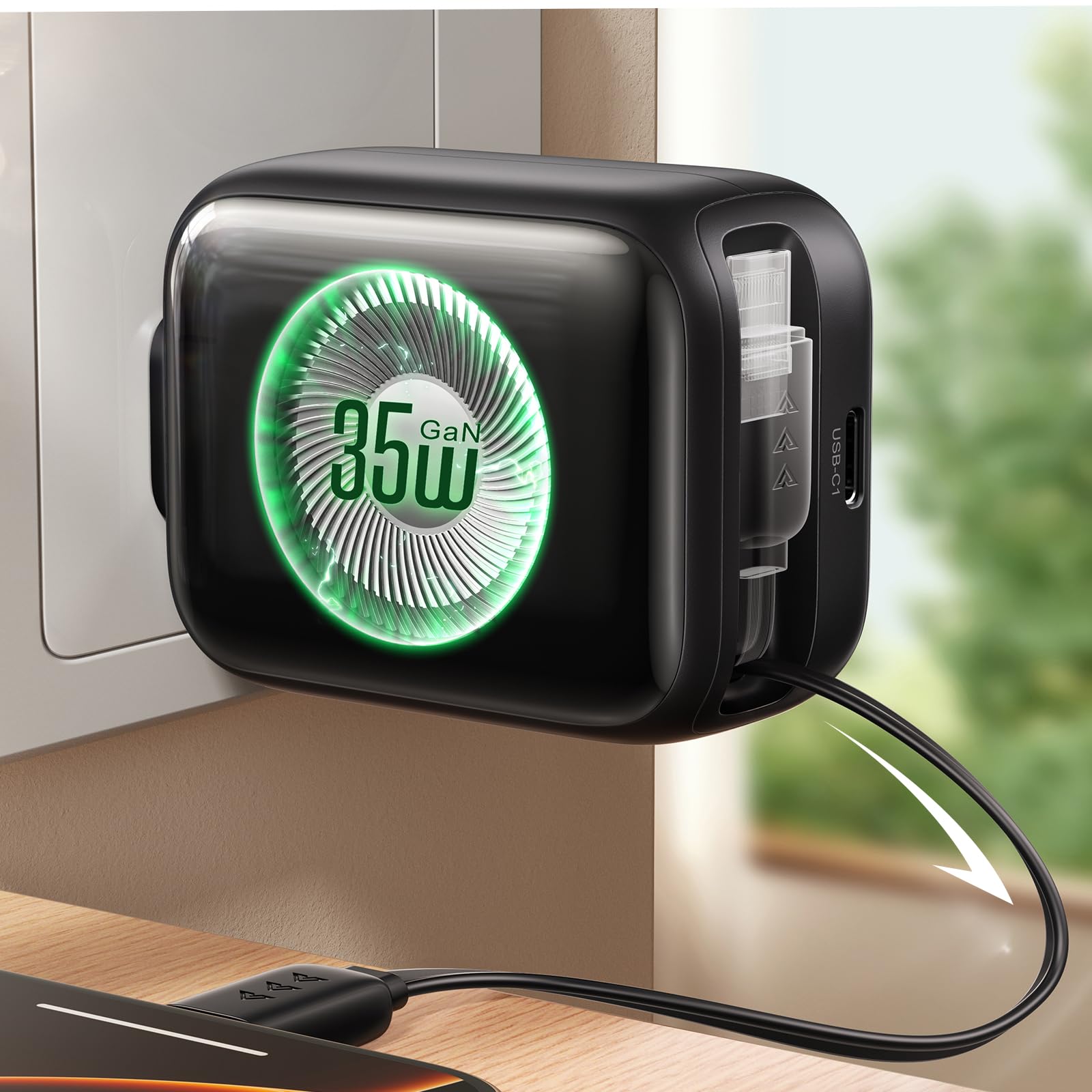 USB C Retractable Phone Wall Charger for Travel, Threekey 35W GaN3 Dual Type C Port Charger Block PD Fast Charging Wall Plug for iPhone 16 15 Pro Max iPad Pro Air Samsung S25 Tablets Pixel Android