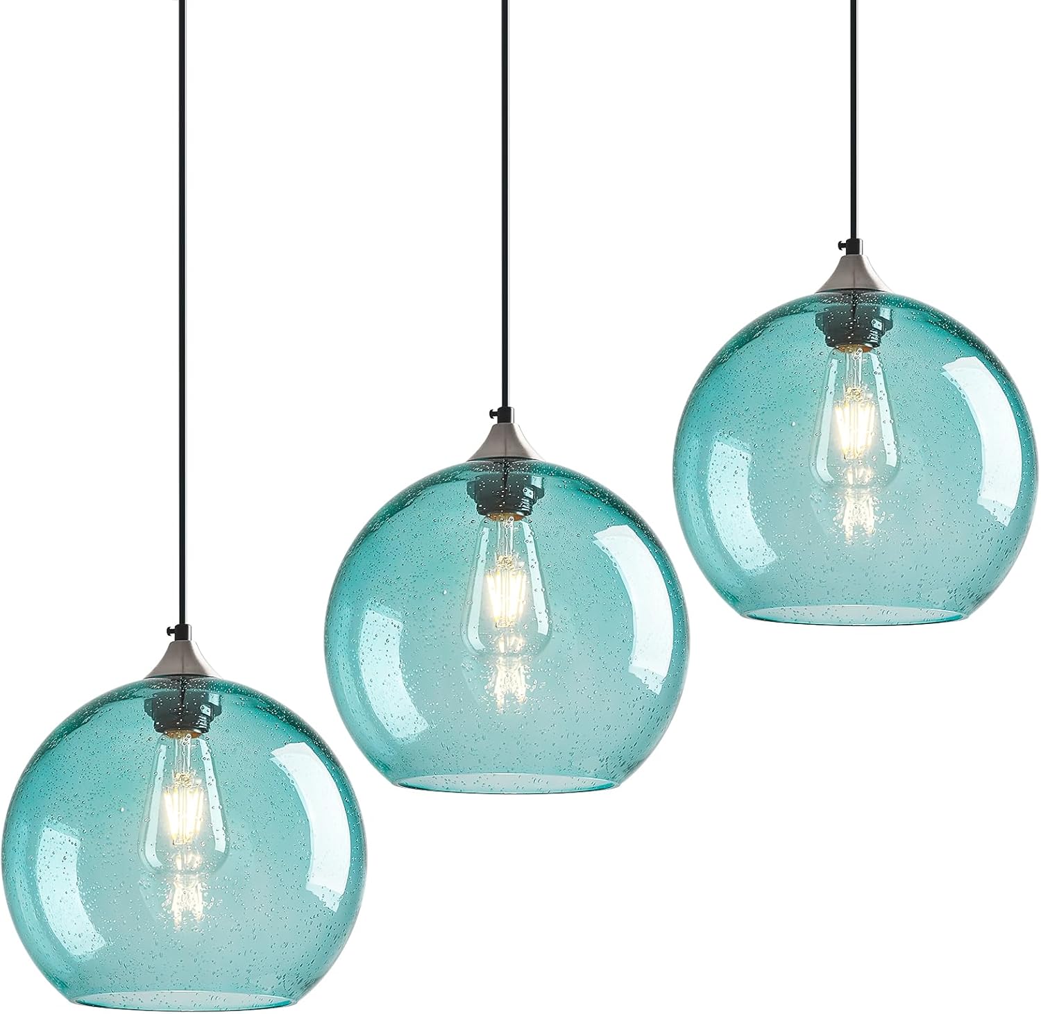 Light Blue Glass Pendant Lights Kitchen Island Globe Pendant Light Fixtures Modern Pendant Lighting for Bedroom Living Dining Room Light Fixture (9.84 in, 3 Pack) Light Blue 3 Pack 9.84in