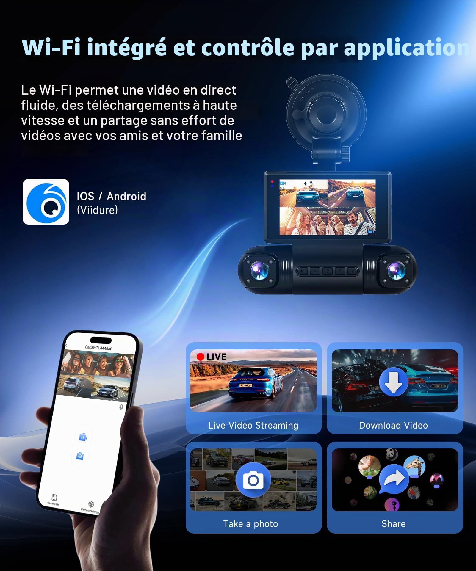 VECHTEL Dashcam Voiture 2K avec Wi-FI,4 caméras embarquées 1080P avec écran IPS 3 Pouces, Vision Nocturne, accéléromètre, Protection à 360 degrés, avec Une Carte de 128 Go,G-Capteur