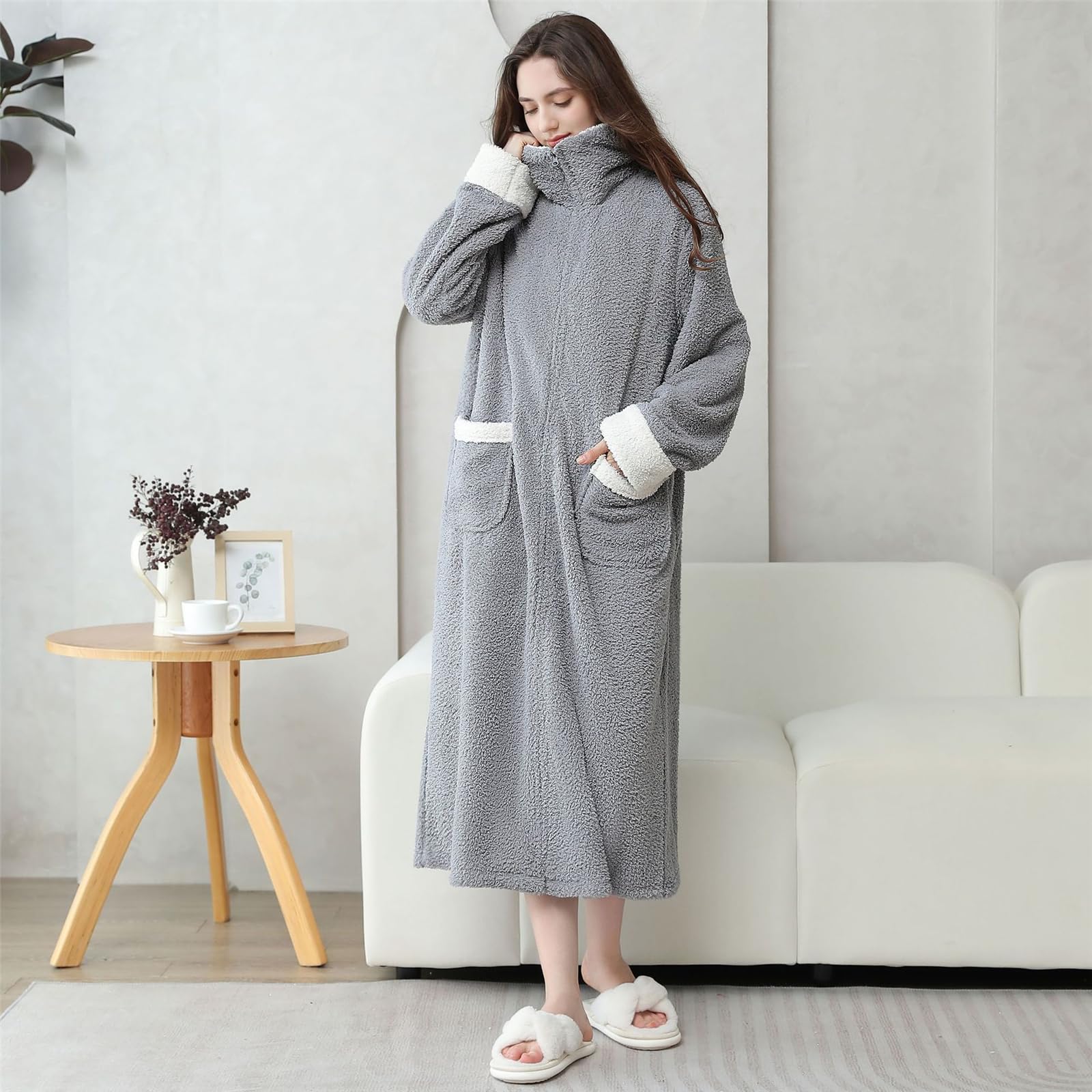Batas de felpa con cuello delantero con, Gray M
