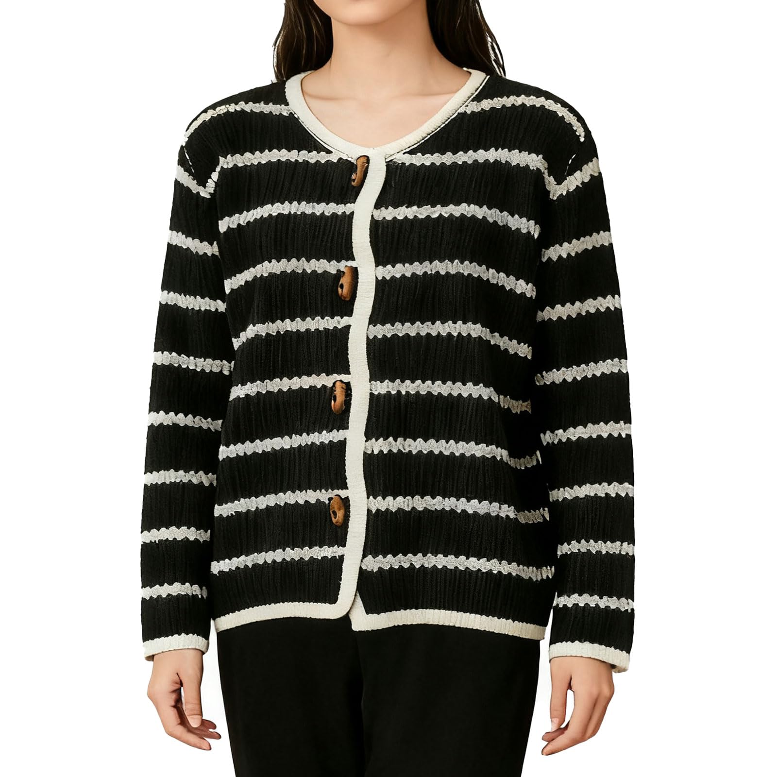 Womens Black and White Striped Knit Cardigan Sweater with Wooden Buttons Long Sleeve Cardigan Classic Style