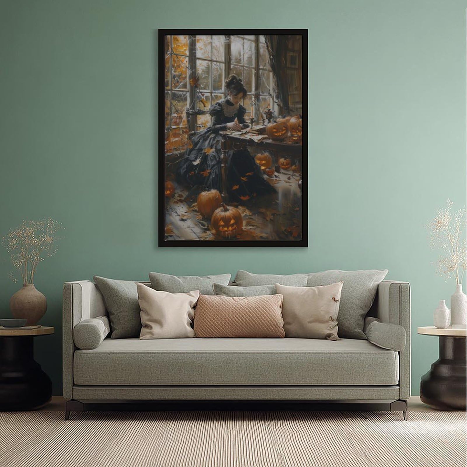 Poster sur toile représentant une femme avec une lanterne citrouille - Décoration pour chambre à coucher, bureau, chambre - Cadeau - 40,6 x 61 cm (L x l)